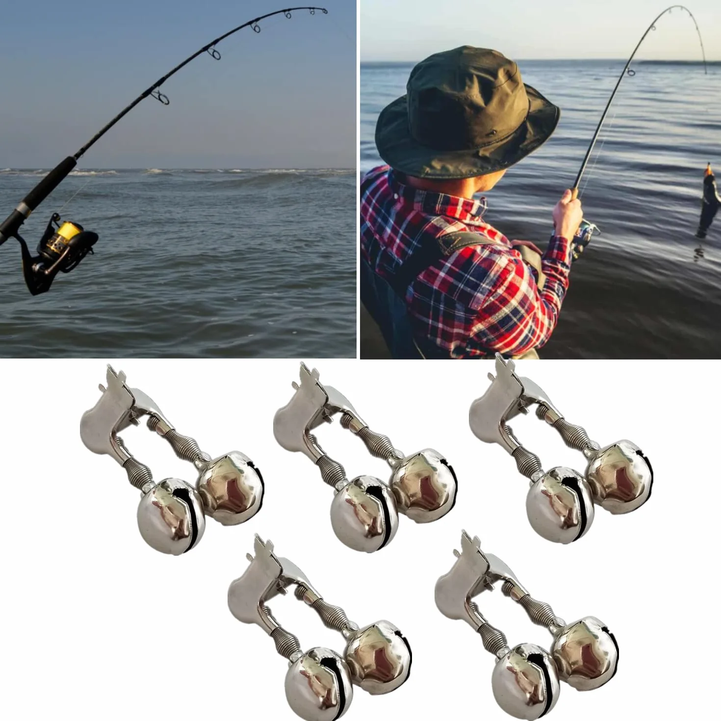 Lot de 5 cloches de pêche - Avec pince en spirale - Indicateur de touche - Pour la pêche en mer, la pêche en mer, la pêche de nuit