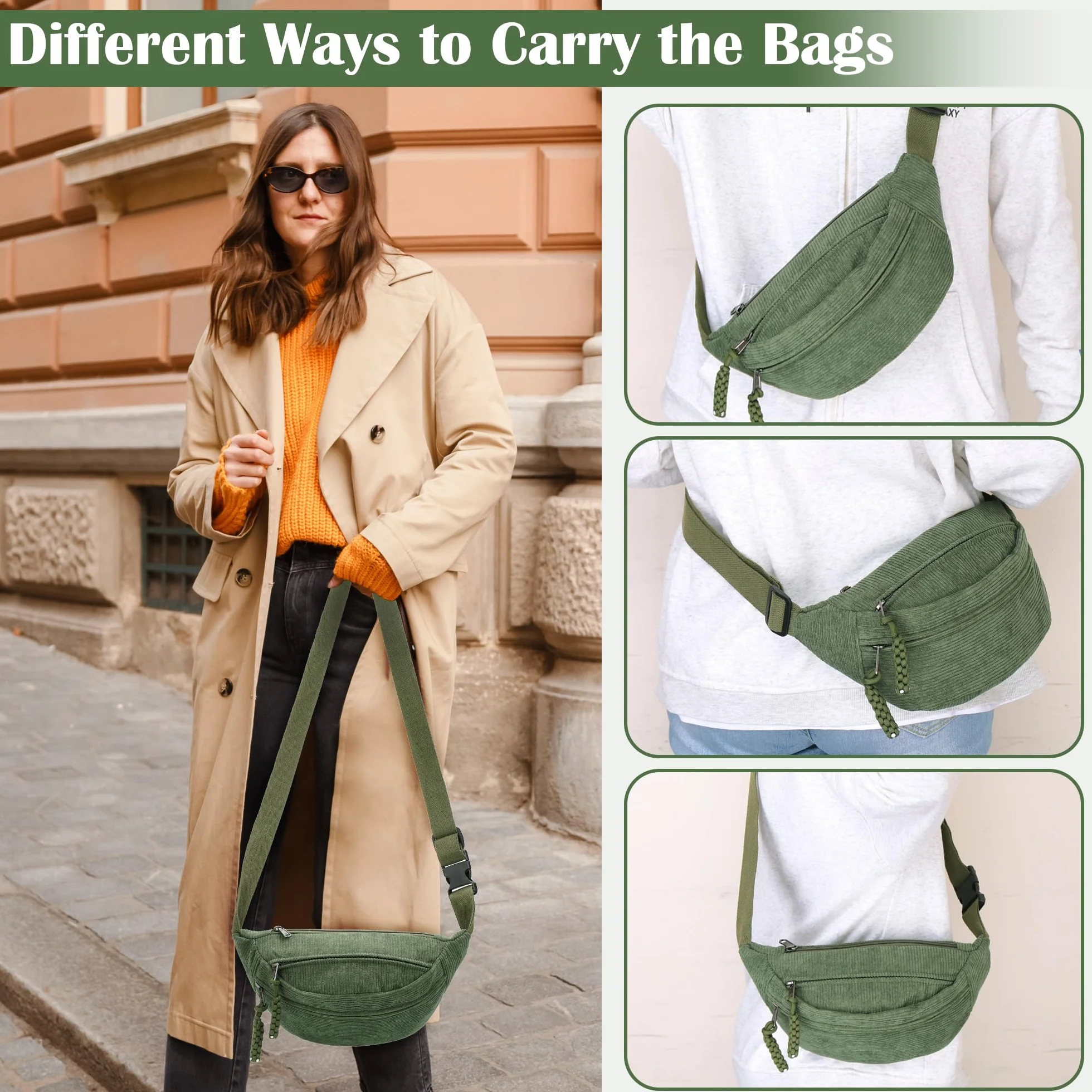Sac Banane Femme Velours Côtelé Bandoulière Réglable Vert Randonnée Cyclisme