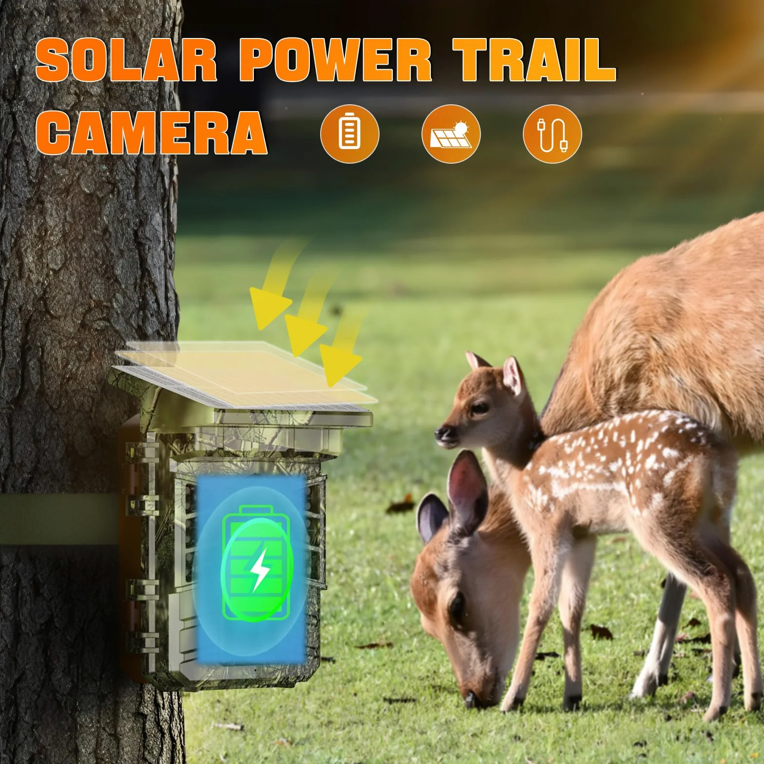 Coolifepro Caméra de Chasse Solaire, 60MP 4K WiFi Bluetooth Camera Chasse, Batterie Rechargeable Intégrée de 2600mAh, 25M Caméra Infrarouge, Grand Angle 100° avec Carte 32GB