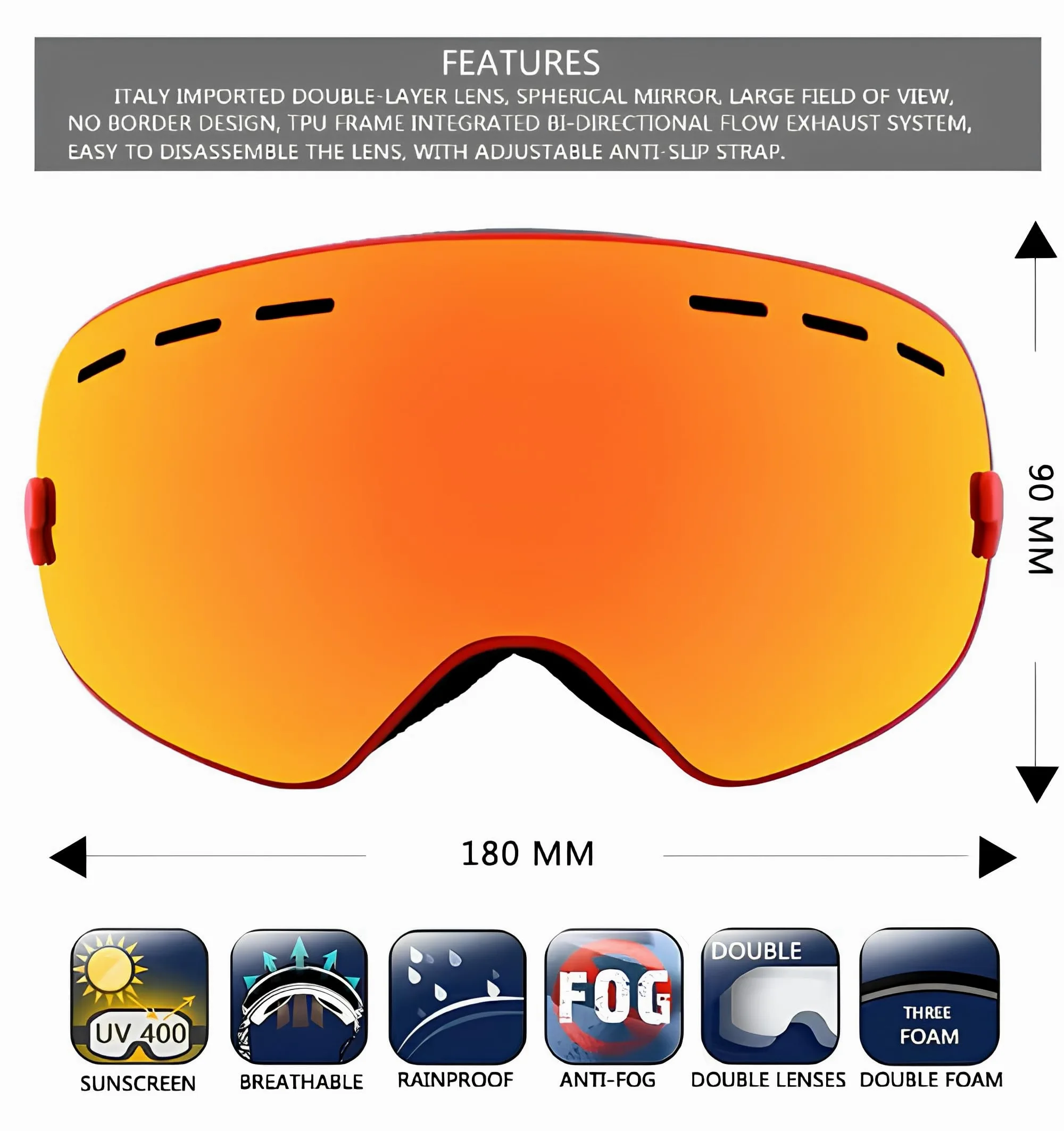 PHMAX - Masque de ski pour homme et femme, lunettes de ski snowboard motoneige sans monture 100% UV400, anti-buée, masque de ski d'hiver
