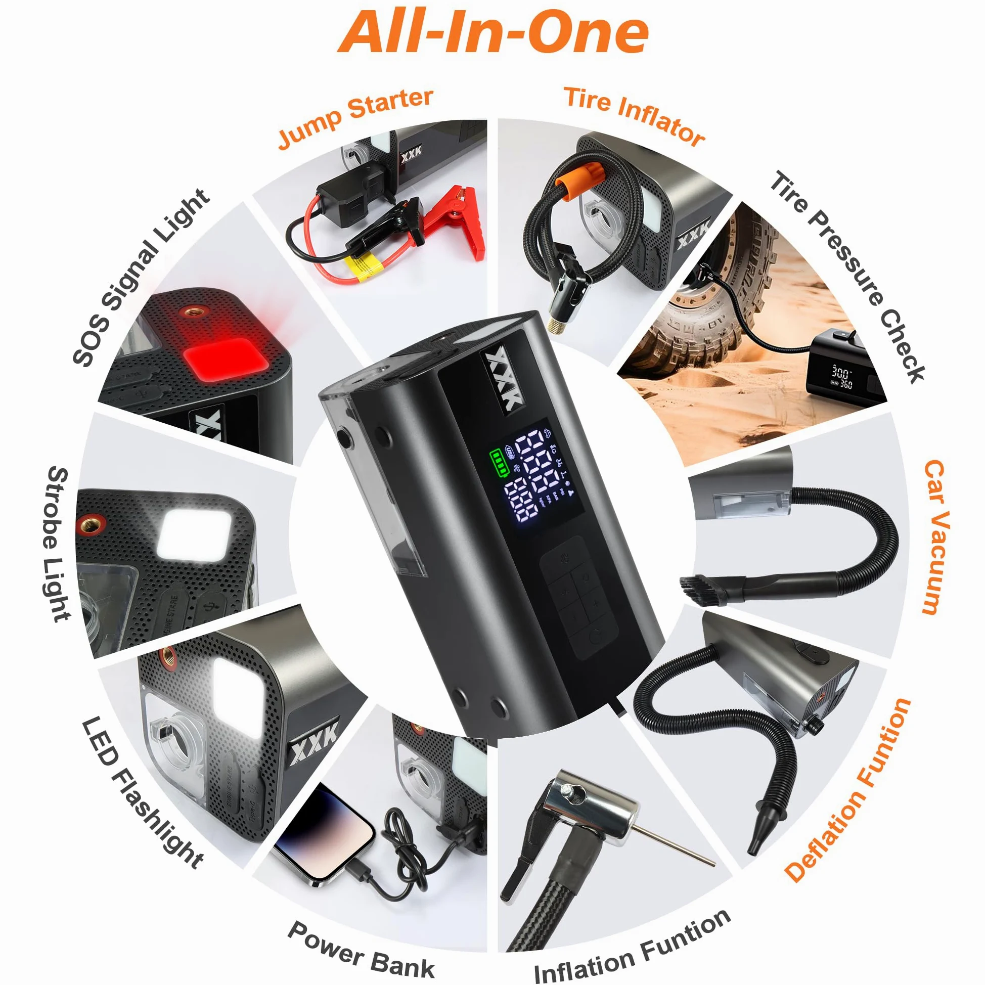 Gonfleur de pneu portable et démarreur de voiture, pompe à air de 150 PSI avec jauge numérique, lumière LED, arrêt automatique, aspiration et soufflage d'air, pour balles de voiture, moto, vélo