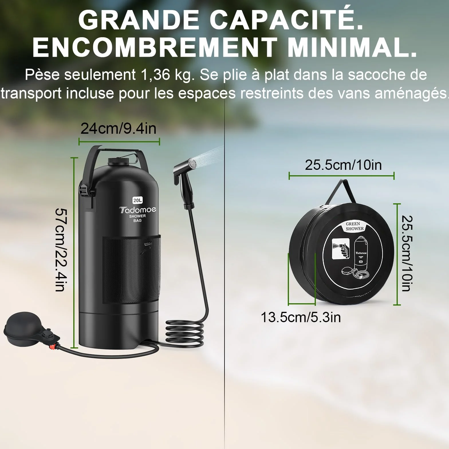 Douche Solaire Camping Portable 20L avec Pompe à Pied et Tuyau 2m - Sac de Douche Extérieur Pliable