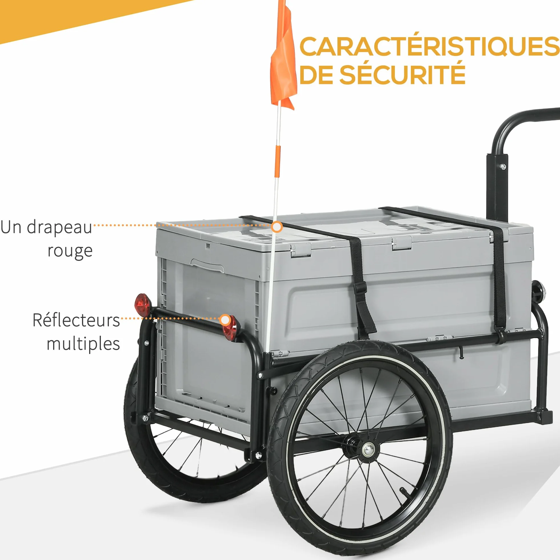HOMCOM Remorque Chariot à vélo 65L Pliable avec Coffre Amovible, 40KG