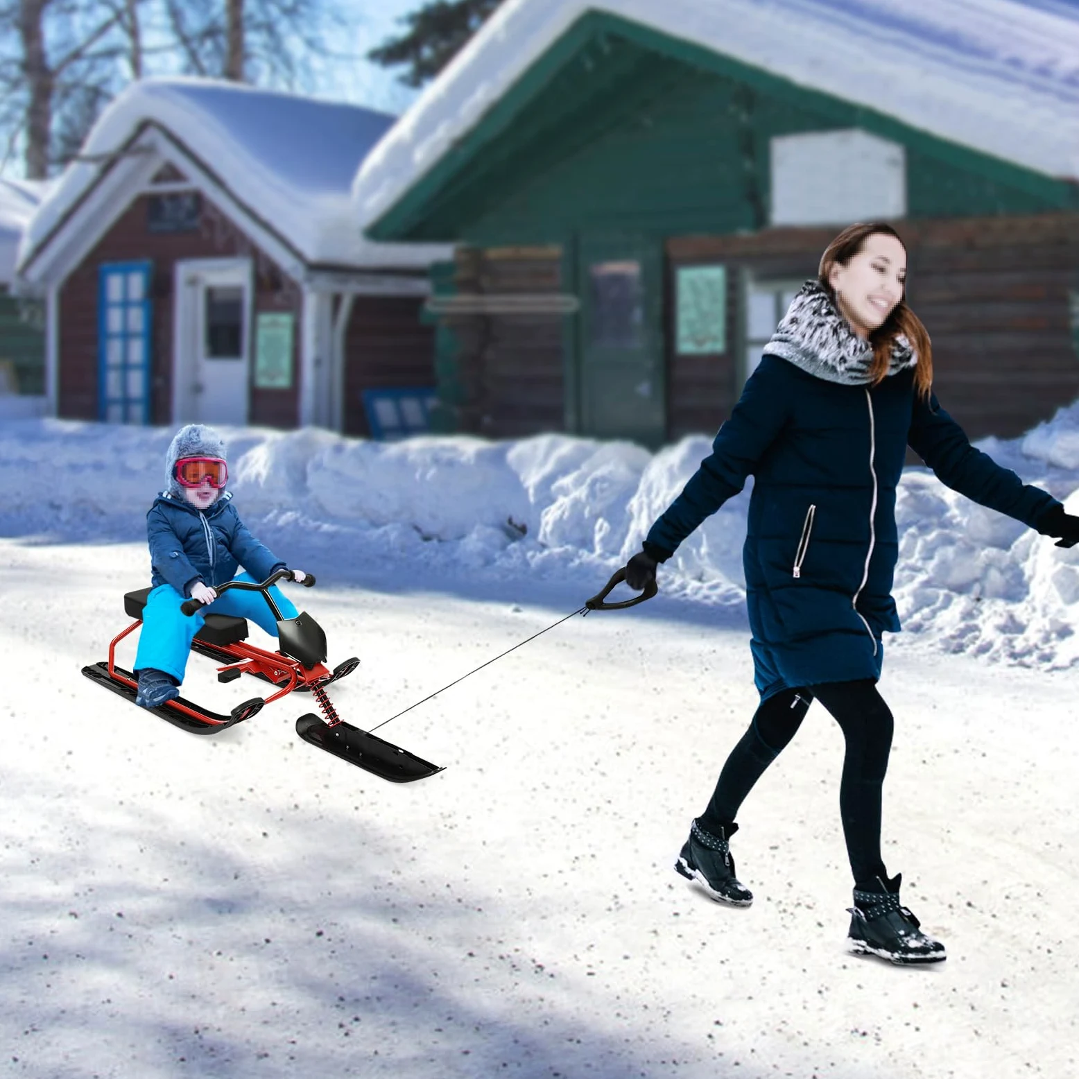 Luge de direction pour enfants, avec freins à pied et corde de traction, luge avec volant, luge pour enfants, luge à patins, luge à neige, max. 80 kg