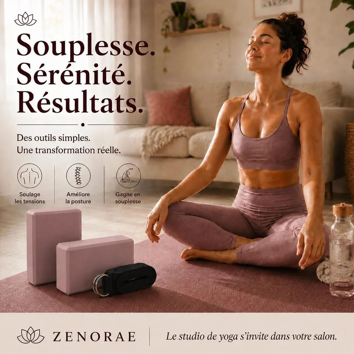 Kit Yoga ZENORAE – 2 Blocs EVA Haute Densité + Sangle Coton 2,5m – Briques Antidérapantes