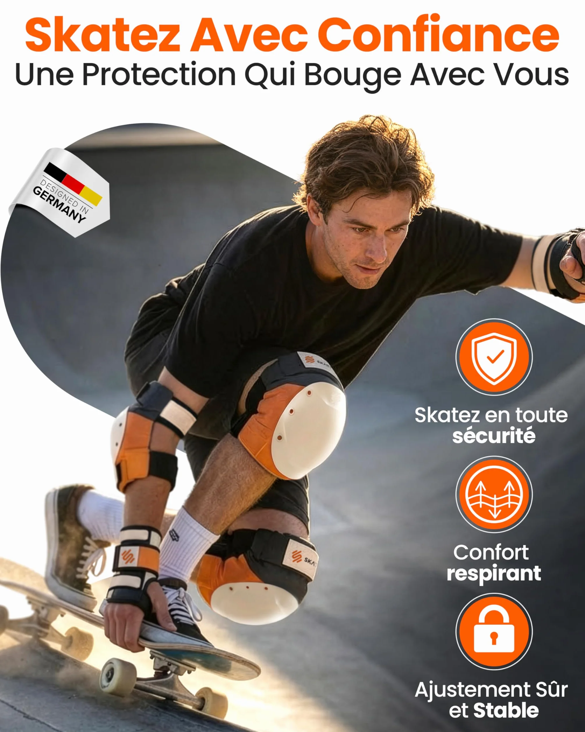 SKATEWIZ Équipement de Protection Patineur Professionnel 6 pièces Manches Néoprène