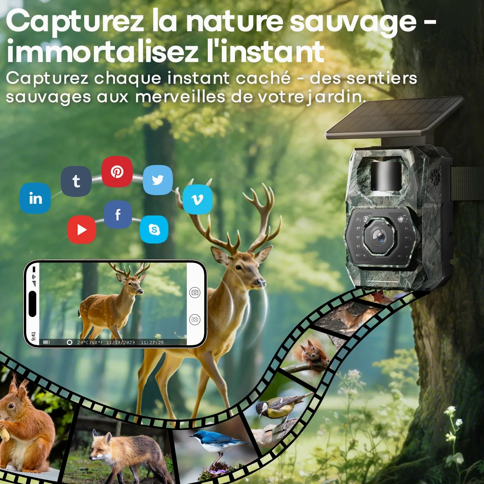 MAXDONE Caméra de Chasse Solaire Wi-FI - 48MP Camera de Chasse Connectée Telephone avec 5200mAh Batterie Rechargeable Camera Infrarouge Vision Nocturne Exterieur Animaux, Etanche IP66