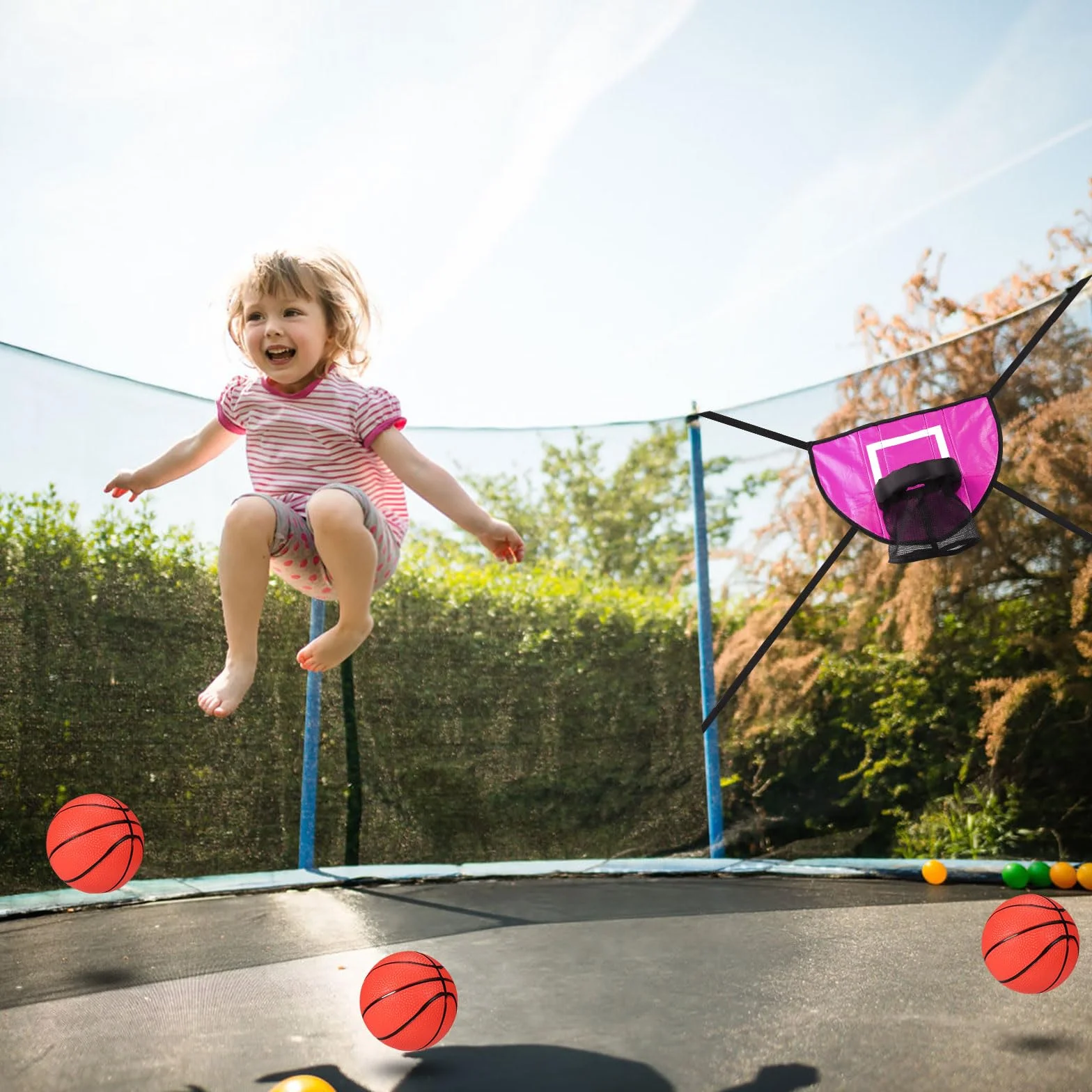 Ensemble de Fixation Panier Basket-Ball Trampoline avec 3 Mini Ballons et Pompe, Rose