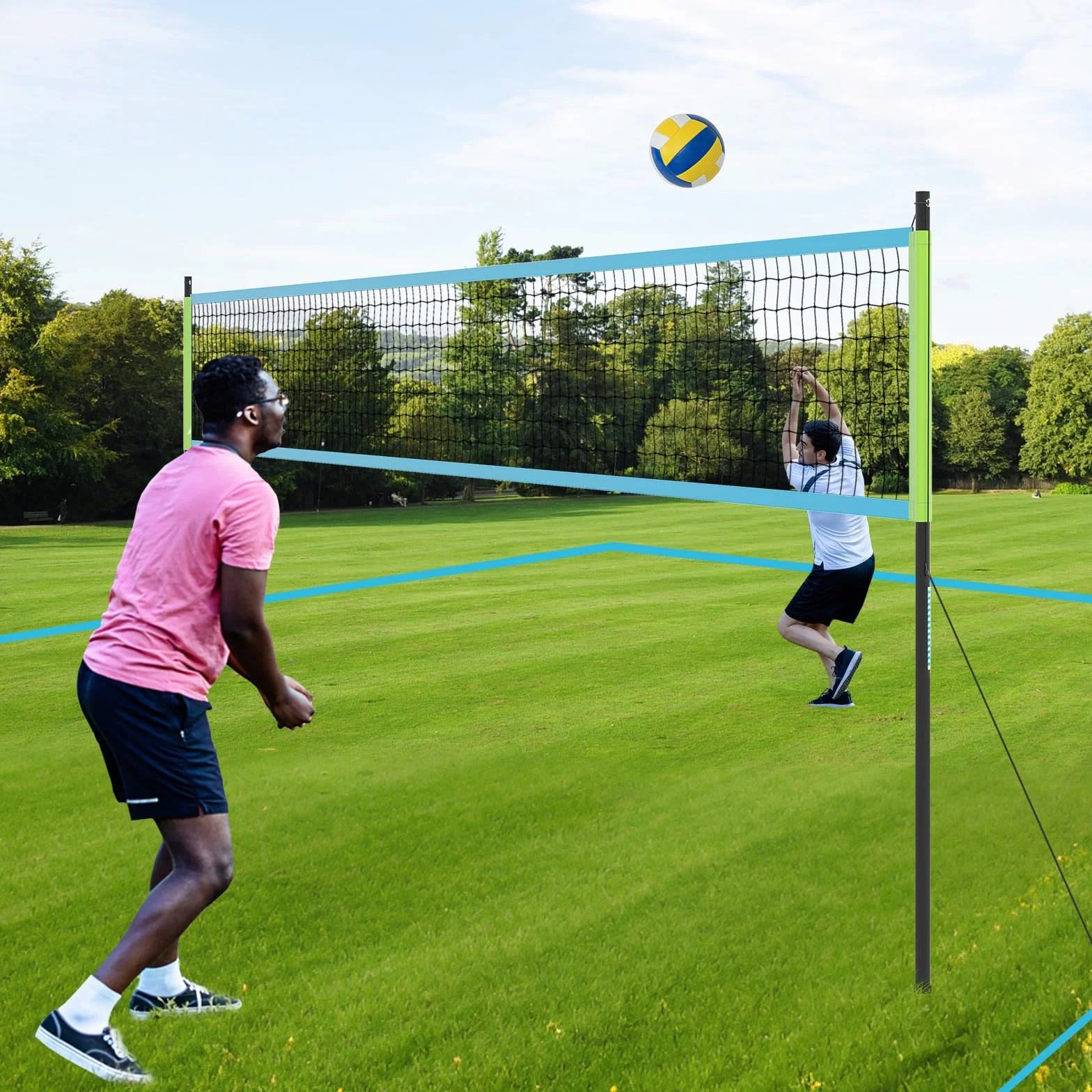 GOPLUS Filet de Volleyball Exterieur Piscine Réglable en Hauteur, Kit de Volley Complet avec Poteaux en Métal, 9,75 m x 0,9 m