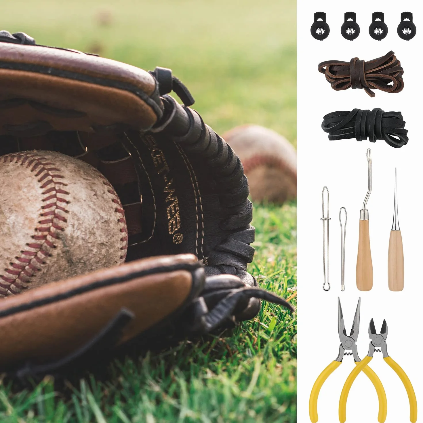 Kit de Réparation de Gant de Baseball 12pcs, Dentelle Cordon pour Gants Softball avec Enfileur et Verrous
