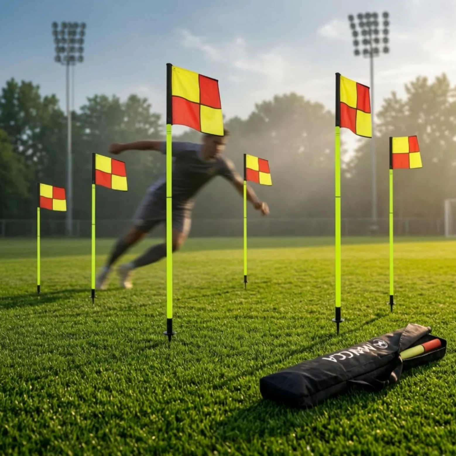 Colcolo Marqueurs D Entraînement Football Ensemble Délimitation Poteaux Drapeaux Repères Terrain PVC Métal Pointe Terre Base Stable Sac Inclus Adaptés à Séances de Club Arbitrage Événements Sportifs