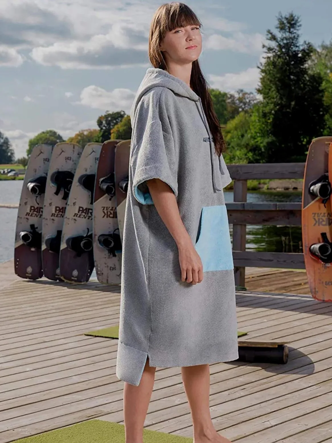 Changement de Robe Poncho de Plage, Natation, Surf, for Adulte, épais, Peignoir à Capuche, for Le Sport en Plein air, Serviette Bain, Cape plongée(Blue Gray)