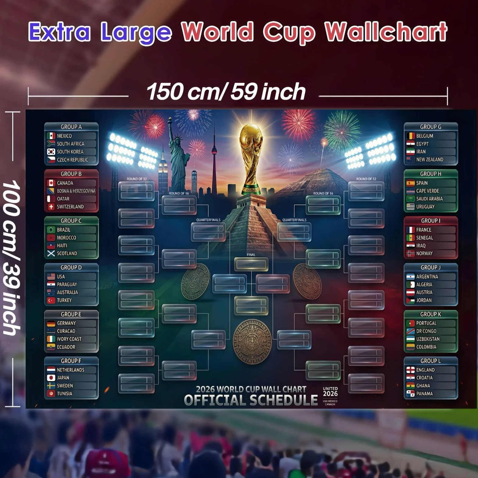 Calendrier Coupe du Monde 2026 Affiche Murale 150x100cm Tableau des Matchs 48 Équipes