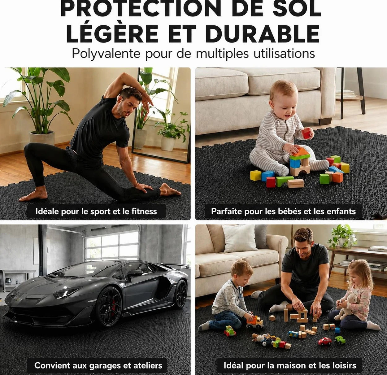 LPVS Tapis de Sol Dalles Protection Sport 18 Dalles Mousse 1.2 cm Épaisseur 27 Bordures Antidérapant Anti Bruit Puzzle Fitness sans BPA