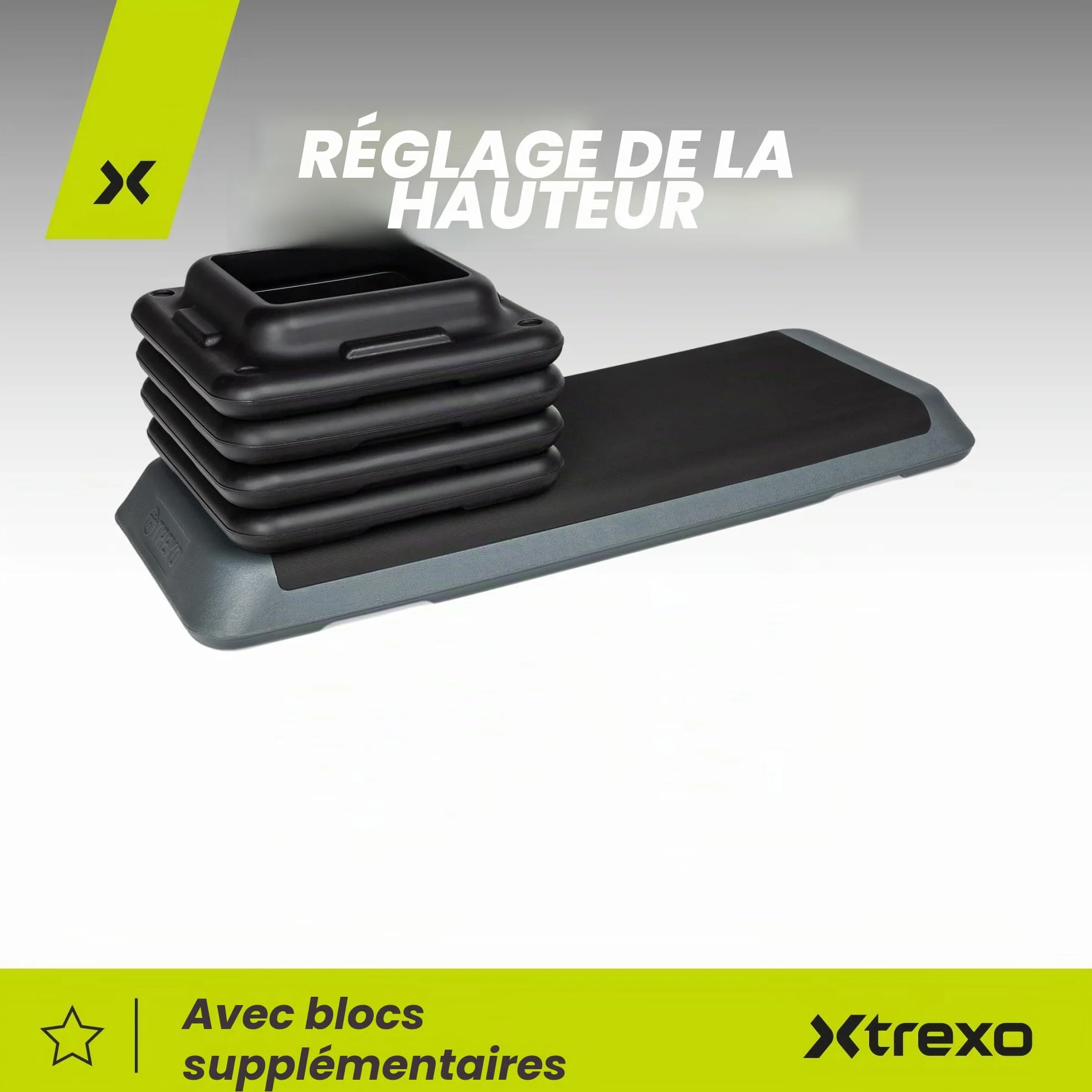 TREXO Step d'exercice aérobique pour cardio-training Hauteur réglable 10-15-20 cm 109 x 41 cm 250 kg VERT