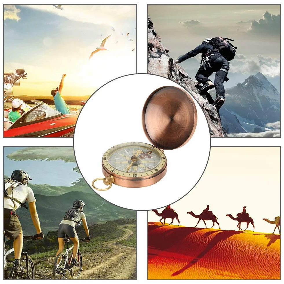 Boussole Portable Vintage en Métal avec Couvercle Pliant Cuivre pour Camping Randonnée