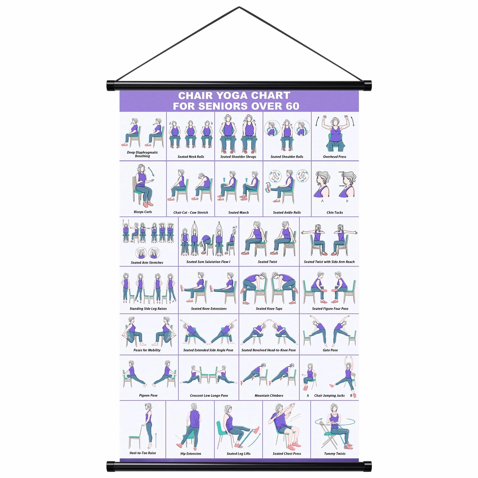 Affiche de yoga sur chaise pour seniors débutants – tableau mural en tissu avec barres de suspension – guide étirement sport maison
