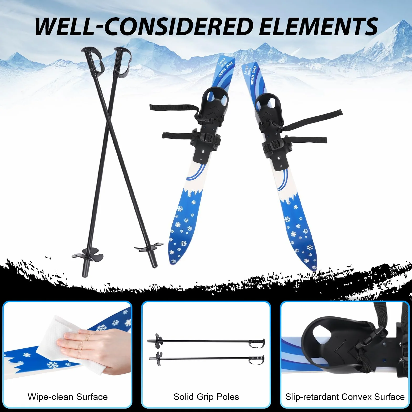 Skis et bâtons de neige pour enfants débutants avec fixations, planches de ski à faible résistance pour enfants de 2 à 8 ans, légers, robustes et sûrs, 68 x 6 cm