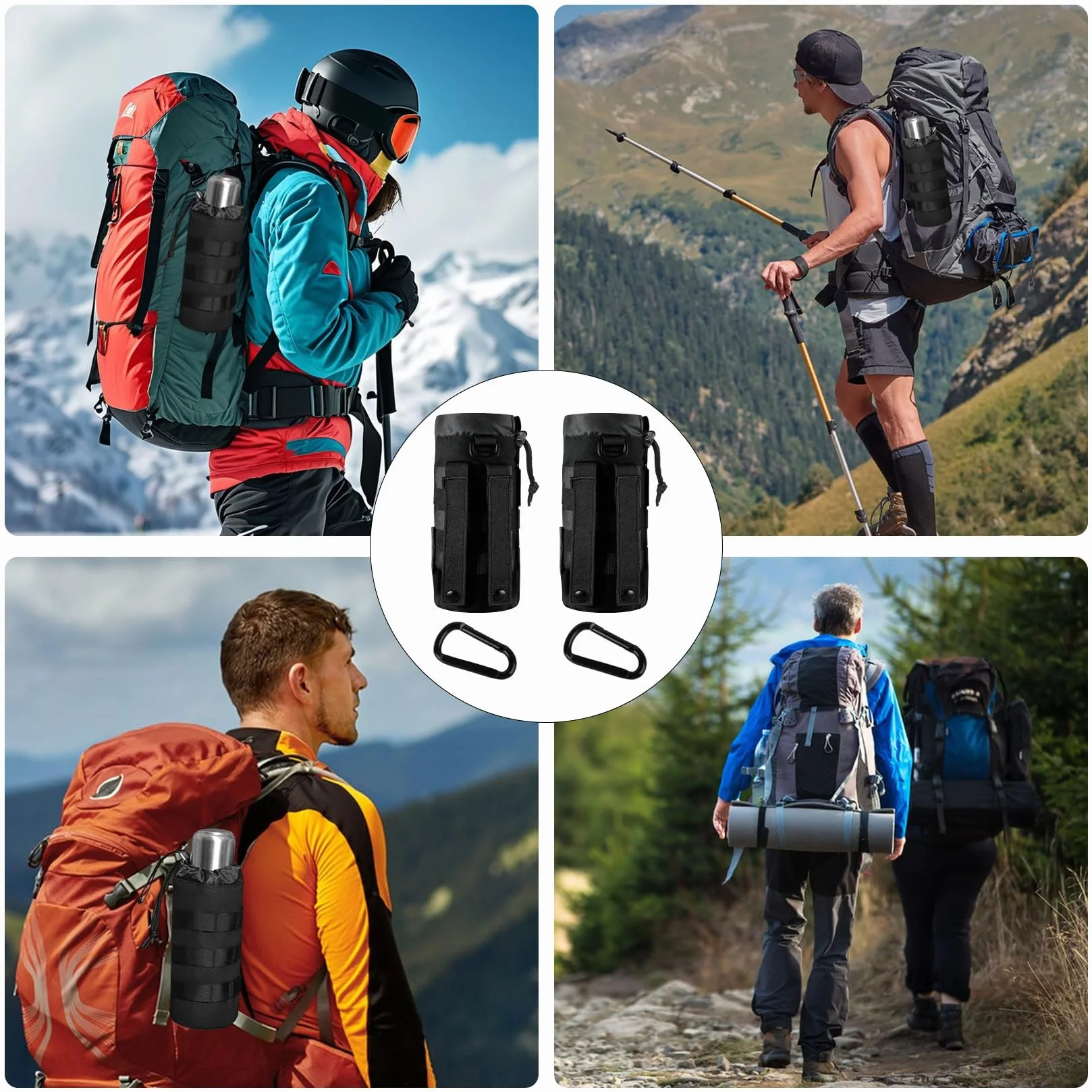 Lot de 2 Porte-Bouteilles Tactiques pour Ceinture Molle, Sac à Dos Portable avec Cordon de Serrage, Camping + 2 Mousquetons