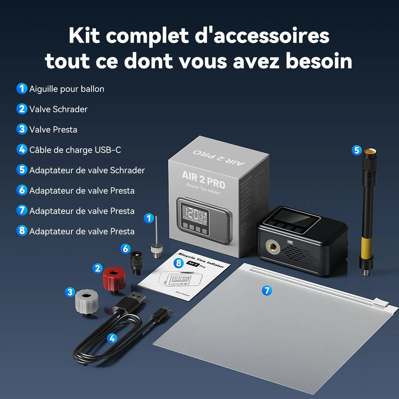 Pompe à Vélo Électrique avec Manomètre 120 Psi, Arrêt Automatique, Valves Presta et Schrader pour VTT et Vélos de Course