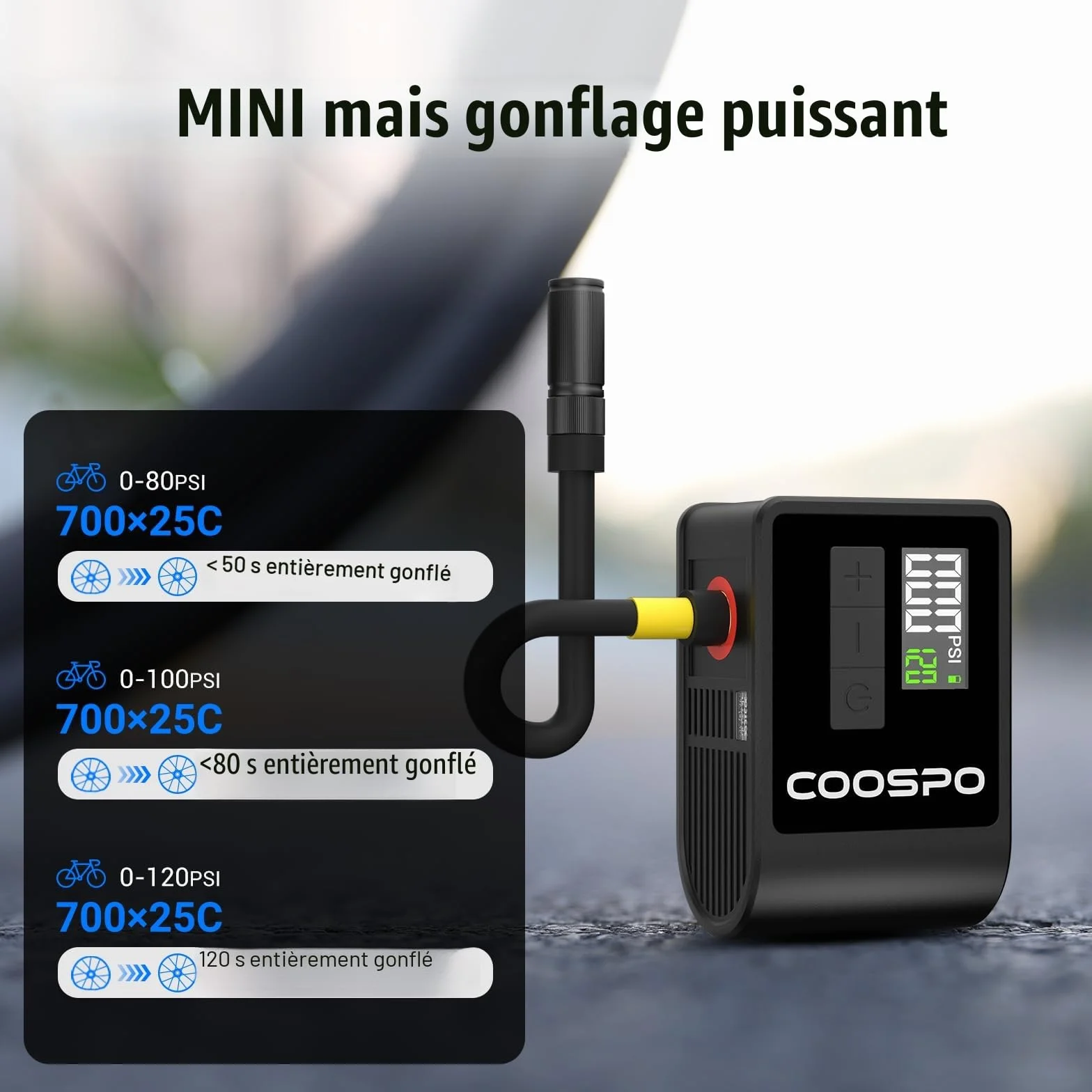 CooSpo Pompe à Velo Electrique, Mini Pompe Portable, Max 120 PSI avec Valves Presta Schrader