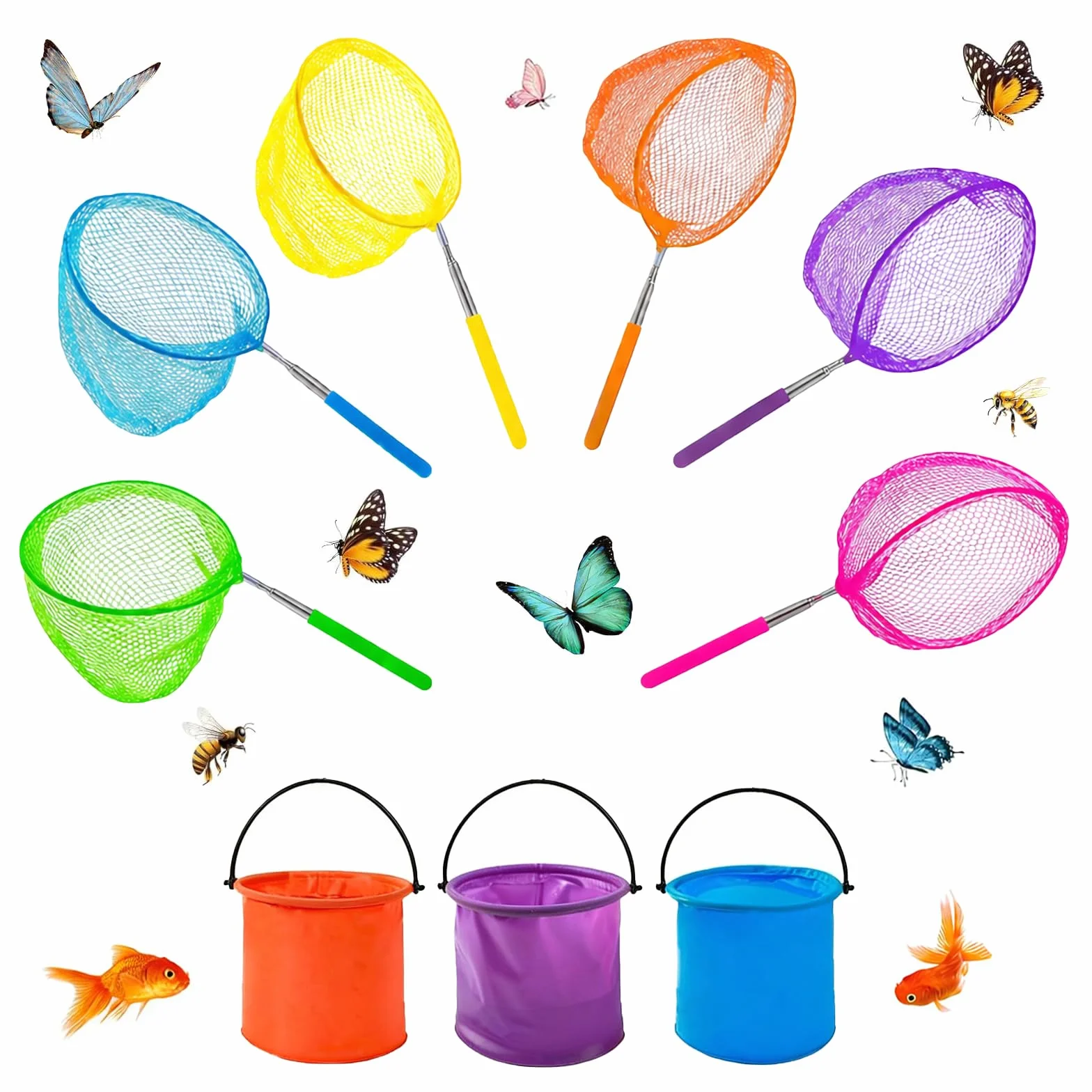 Lot de 6 Filet à Papillon Télescopiques Filets de Pêche Extensible de 37 à 85 cm Épuisettes Télescopiques avec 3 Seaux Pliables Filet de Papillo pour attraper de petits insectes et poissons