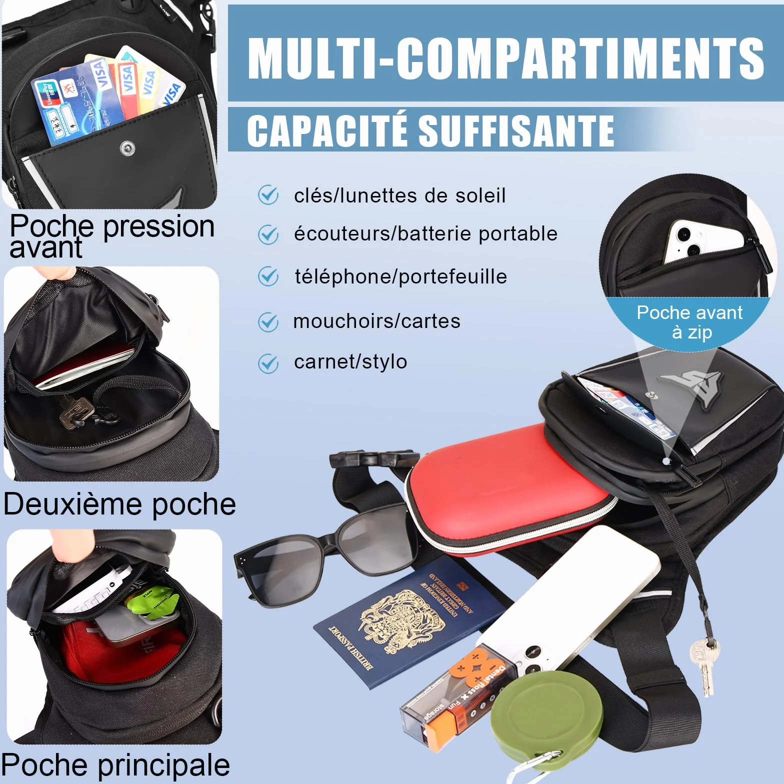 Eshow Sacoche de Jambe Moto Capacité Extensible, Sac Banane Femme Homme avec Bande Réfléchissante, 1 Clip à Gourde, 2 Mousquetons pour Randonnée Pêche