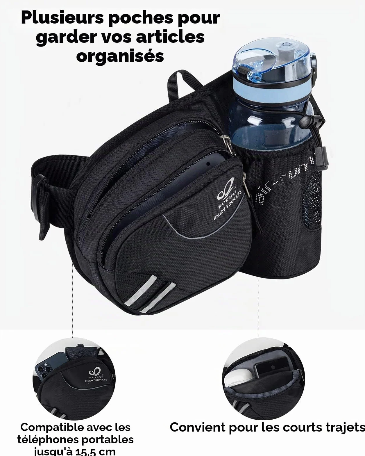 Waterfly Sac Banane Homme Femme Sacoche Banane Sport Ceinture Course Porte Bouteille