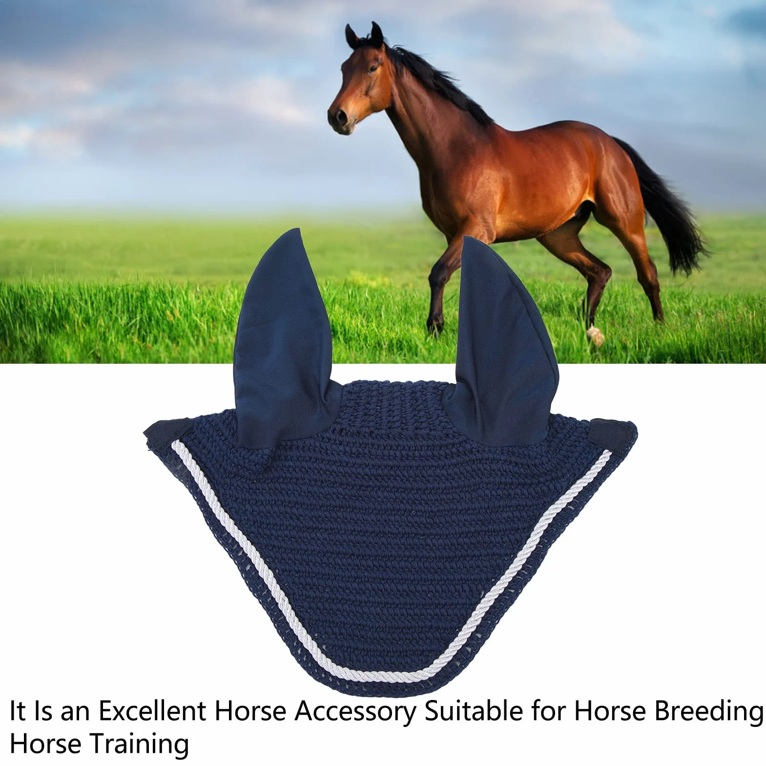 Alomejor Bonnet d'oreille de Cheval élastique, Filet d'oreille de Cheval, Crochet à la Main, Cache-Oreilles de Cheval pour Protéger Les Oreilles, Bleu Marine