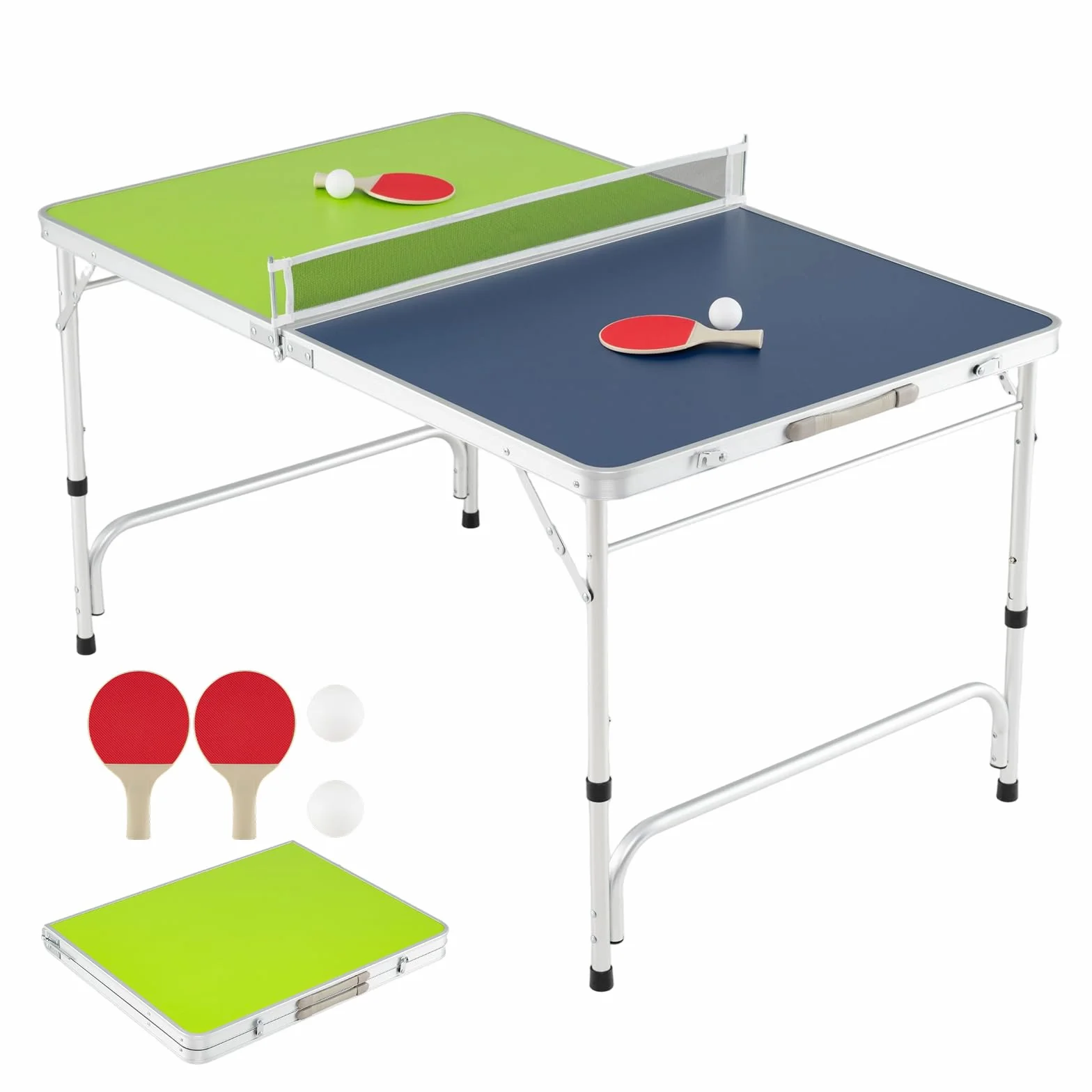 COSTWAY Table de Ping-Pong Pliable 120 x 76 cm, Set Mini Tennis Table Peu Encombrante avec Filet 2 Raquettes 2 Balles Hauteur Réglable 3 Niveaux, Cadre en Aluminium, pour Extérieur Intérieur