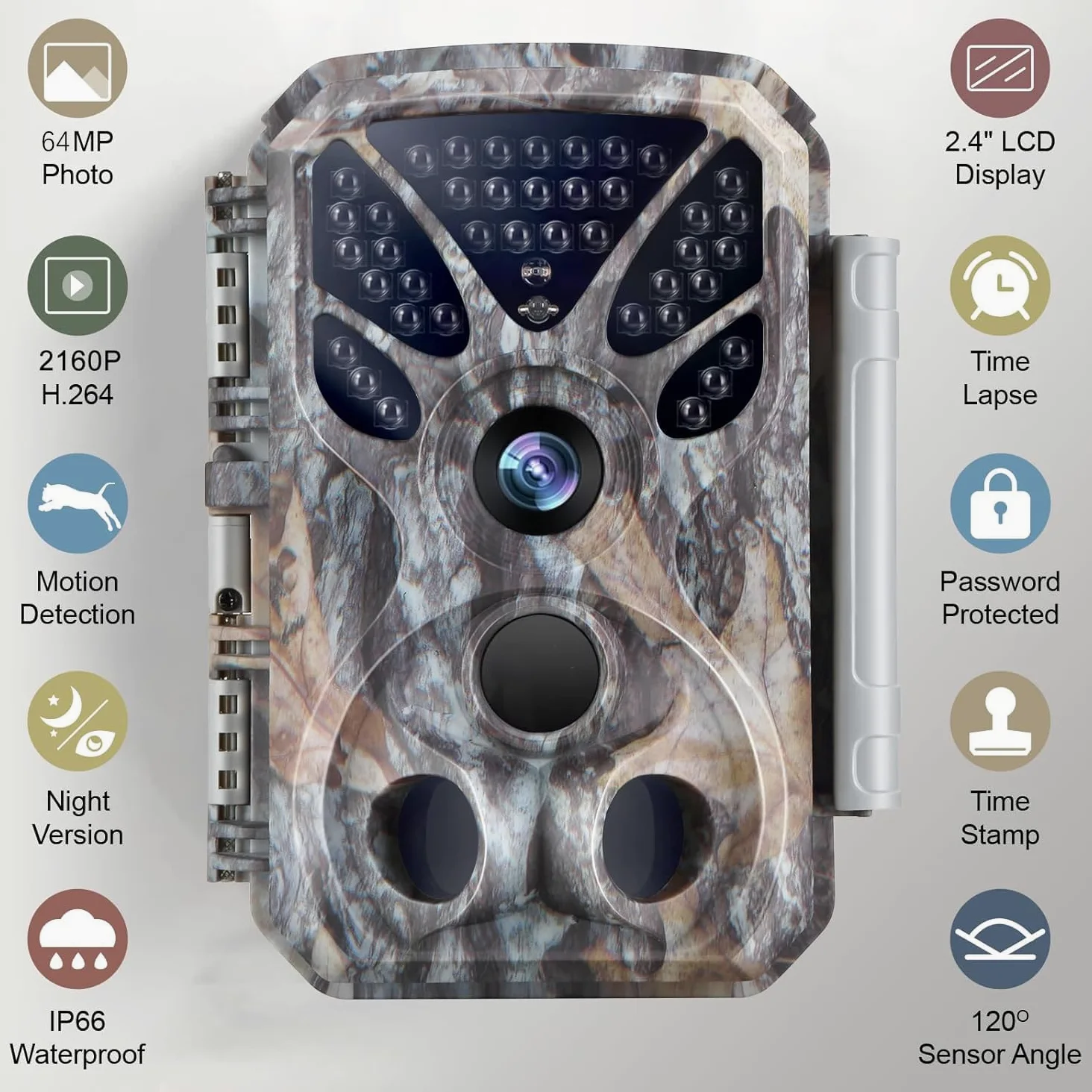 BlazeVideo Caméra de chasse 4K 64 MP avec détecteur de mouvement, vision nocturne, caméra de nuit grand angle 120°, vitesse de déclenchement rapide de 0,1 s, étanche IP66