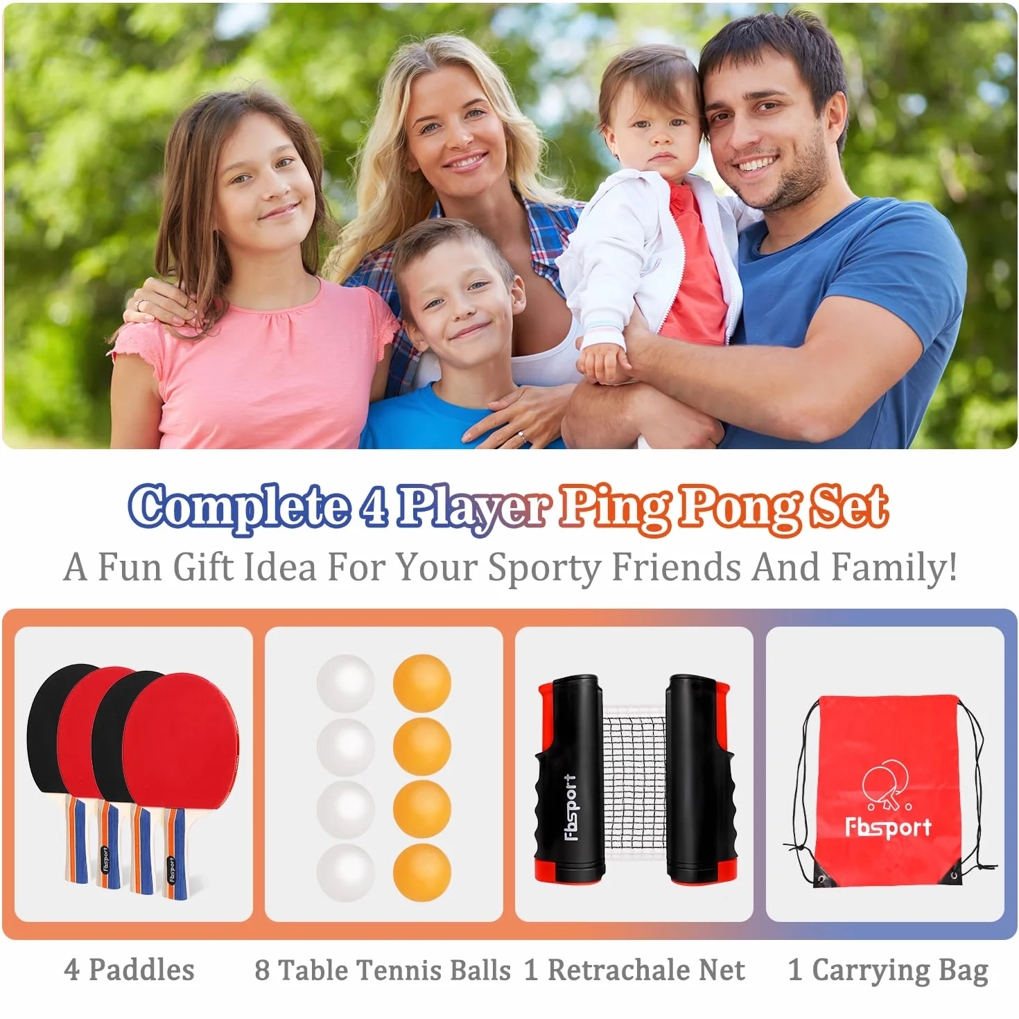 Set Ping Pong avec 4 Raquettes, Filet Rétractable, 8 Balles, Sac de Transport pour Intérieur Extérieur