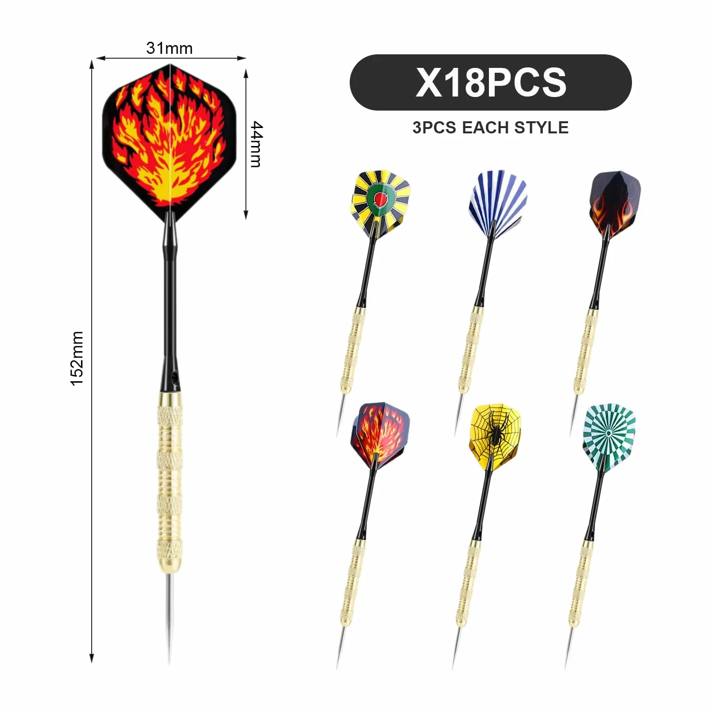 Fléchettes cuivrées avec pointe en acier, tige métal, cible métal, multicolores, lot de 18