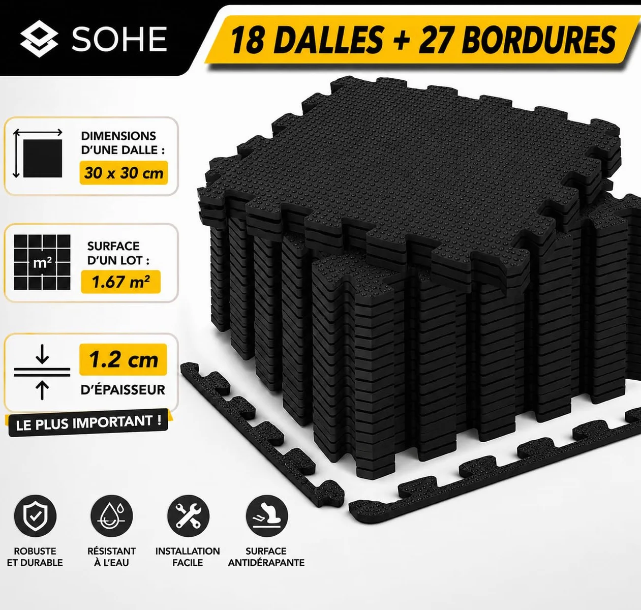 LPVS Tapis de Sol Dalles Protection Sport 18 Dalles Mousse 1.2 cm Épaisseur 27 Bordures Antidérapant Anti Bruit Puzzle Fitness sans BPA