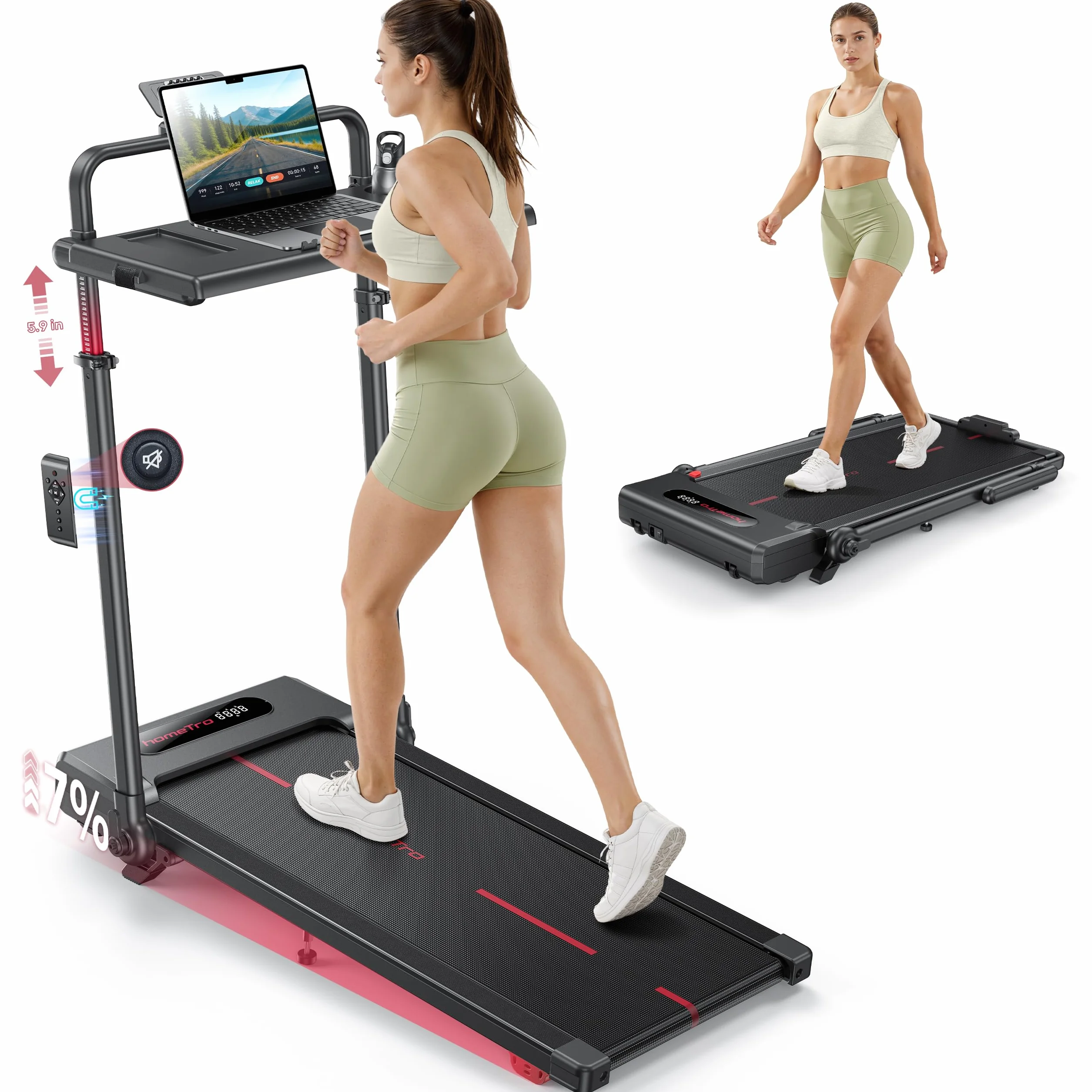 Tapis de Course Pliable Inclinable 7% avec Barres de Soutien, 1-12 km/h, Moteur Silencieux, 120kg