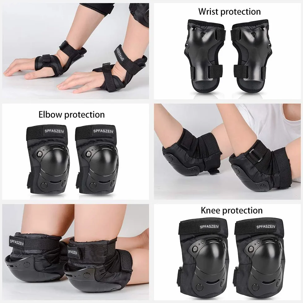Kit de Protection 6pc Genouillère Enfant Adulte Skateboard Protection Pads Genouillères Coudières Poignet Réglable Patin à roulettes