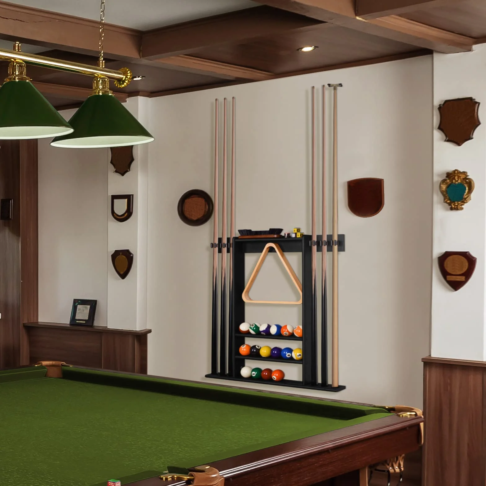 Support de Queue de Billard Mural Bois Massif 6 Trous 15 Porte-balles