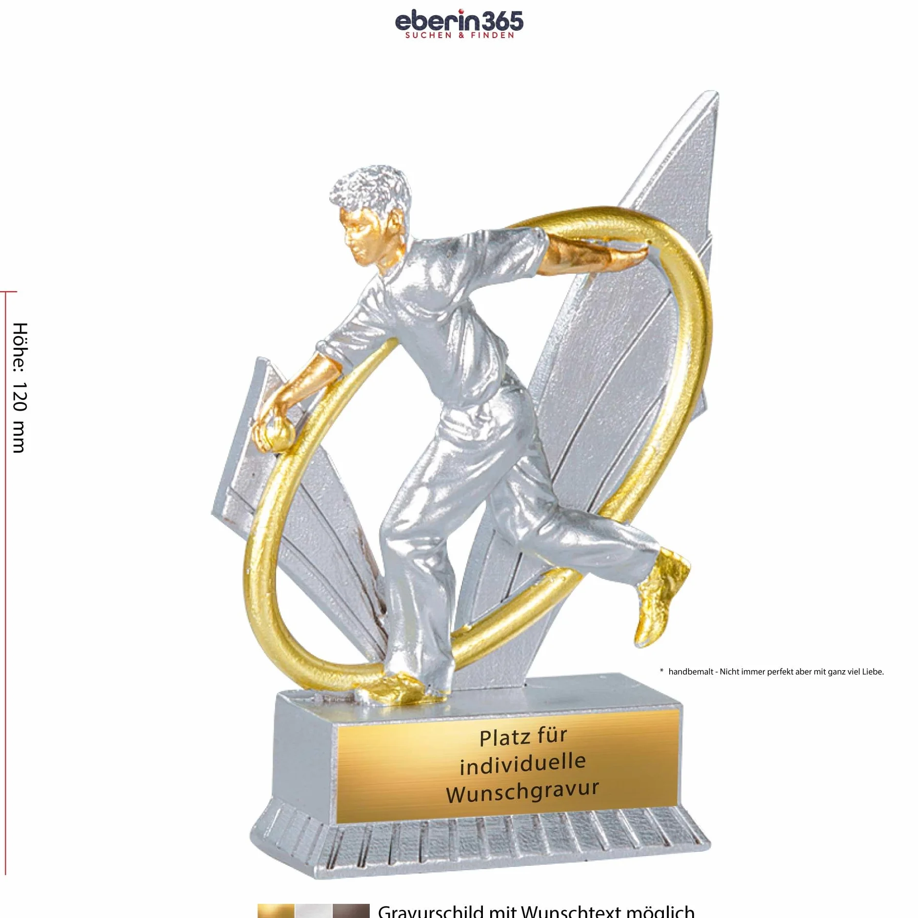 Trophée de pétanque XS de 12 cm | Joueur de pétanque en trophée | Prix Boccia Award | Prix de Bouleturnier | Joueur avec boule de pétanque argenté/doré | Bosseln Coupe avec texte au choix
