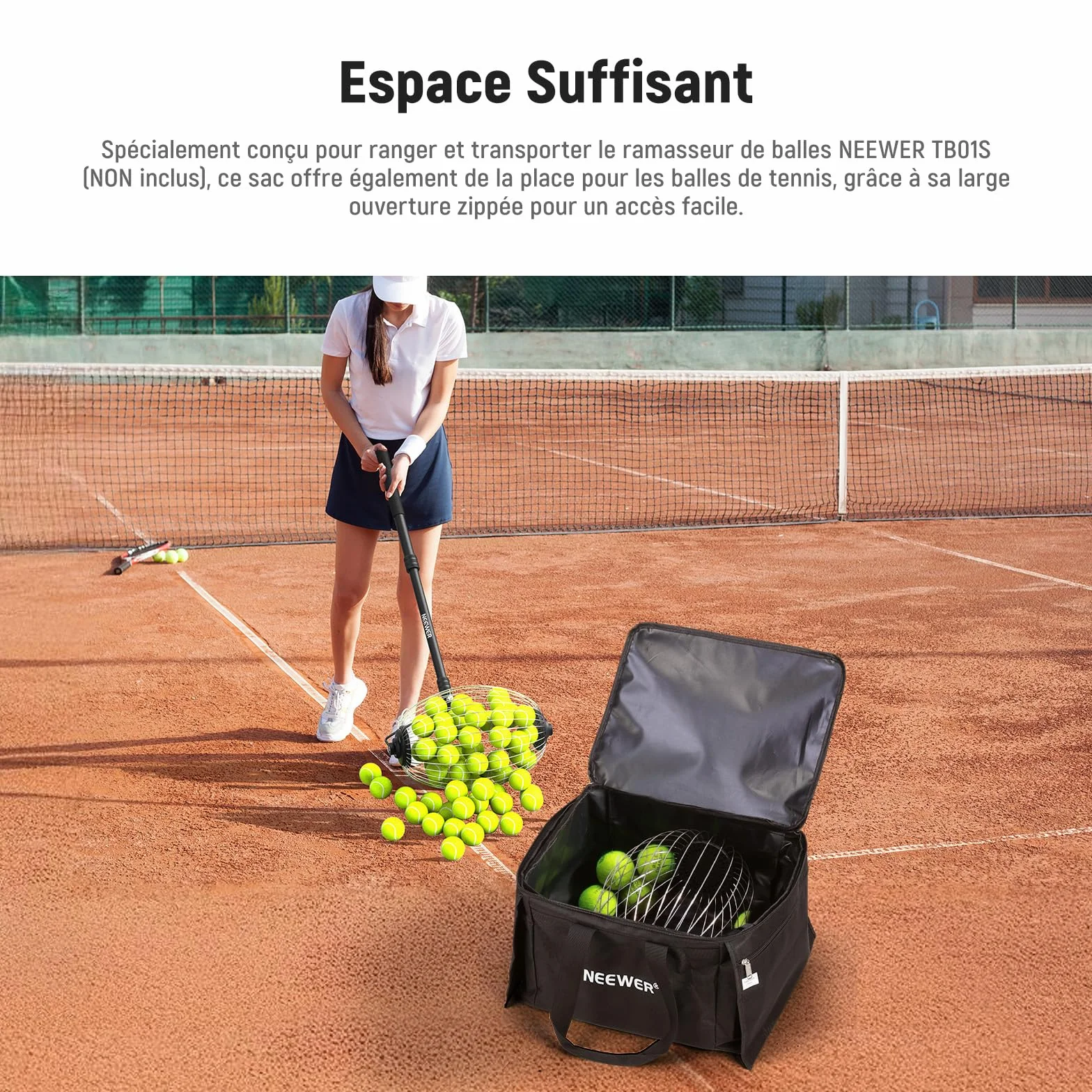 NEEWER Sac de Transport pour 110 Balles de Tennis & Pickleball Polyester Robuste pour Chariot ramasseur TB01S, Panier Caddy Léger & Portable pour Baseball & Golf avec Poches Latérales, TB01B