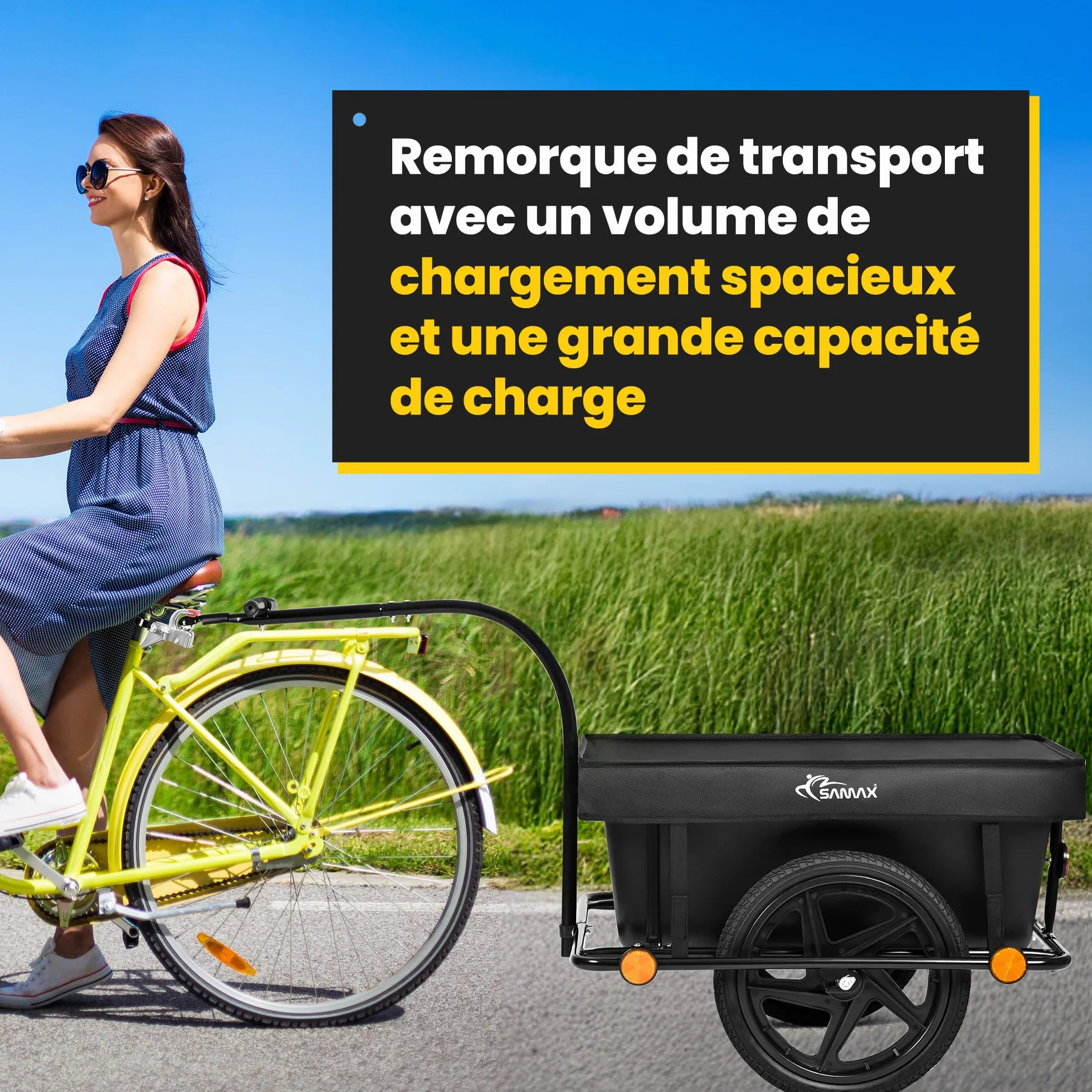 SAMAX Remorque de Vélo Chariot de Transport Haute Traction avec Poignée et Bâche