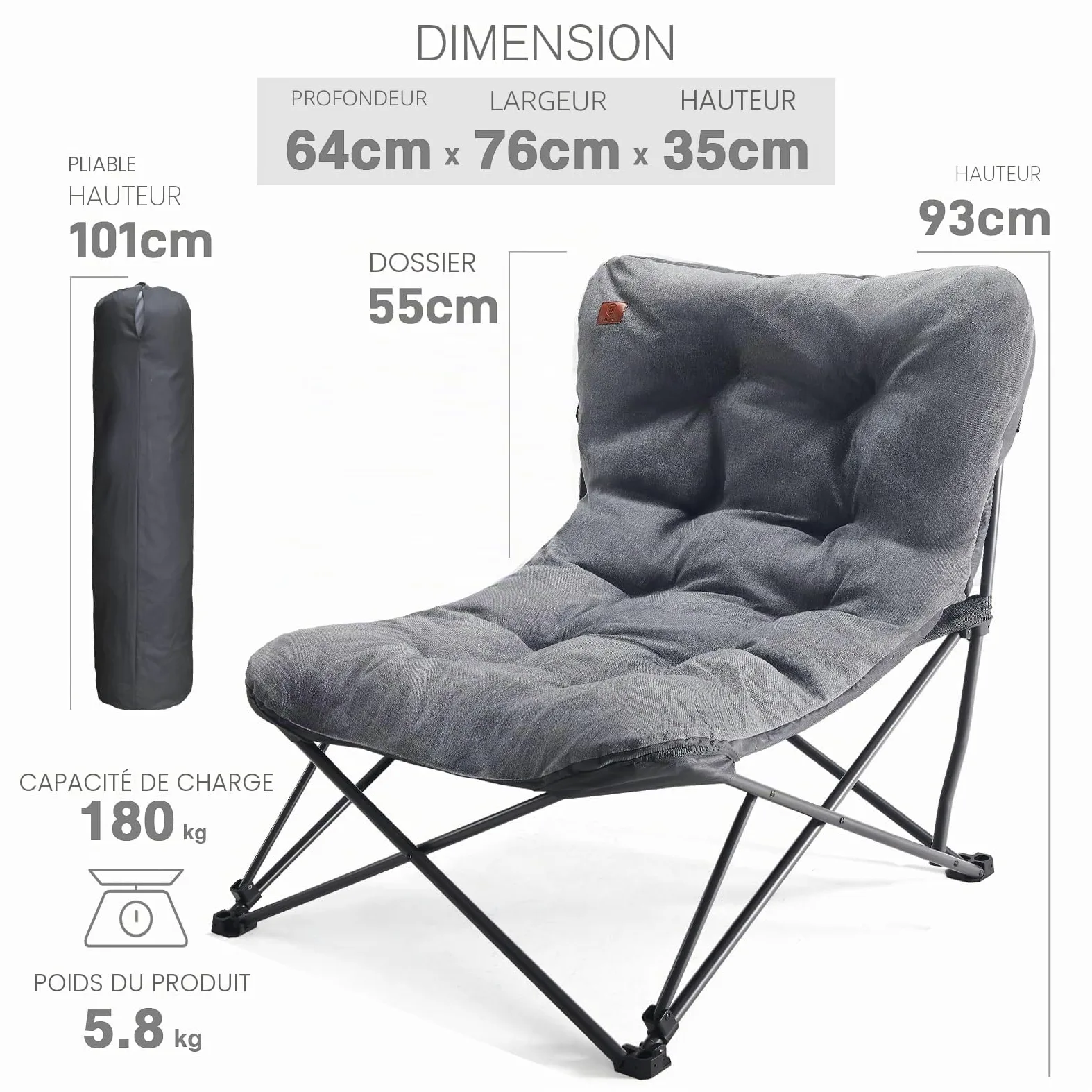 EVER ADVANCED Chaise de Camping Pliable XXL 180kg, Dossier Haut | Chaise pliante surdimensionnée à dossier haut, relax pour camping, jardin, balcon, pêche, intérieur, grise