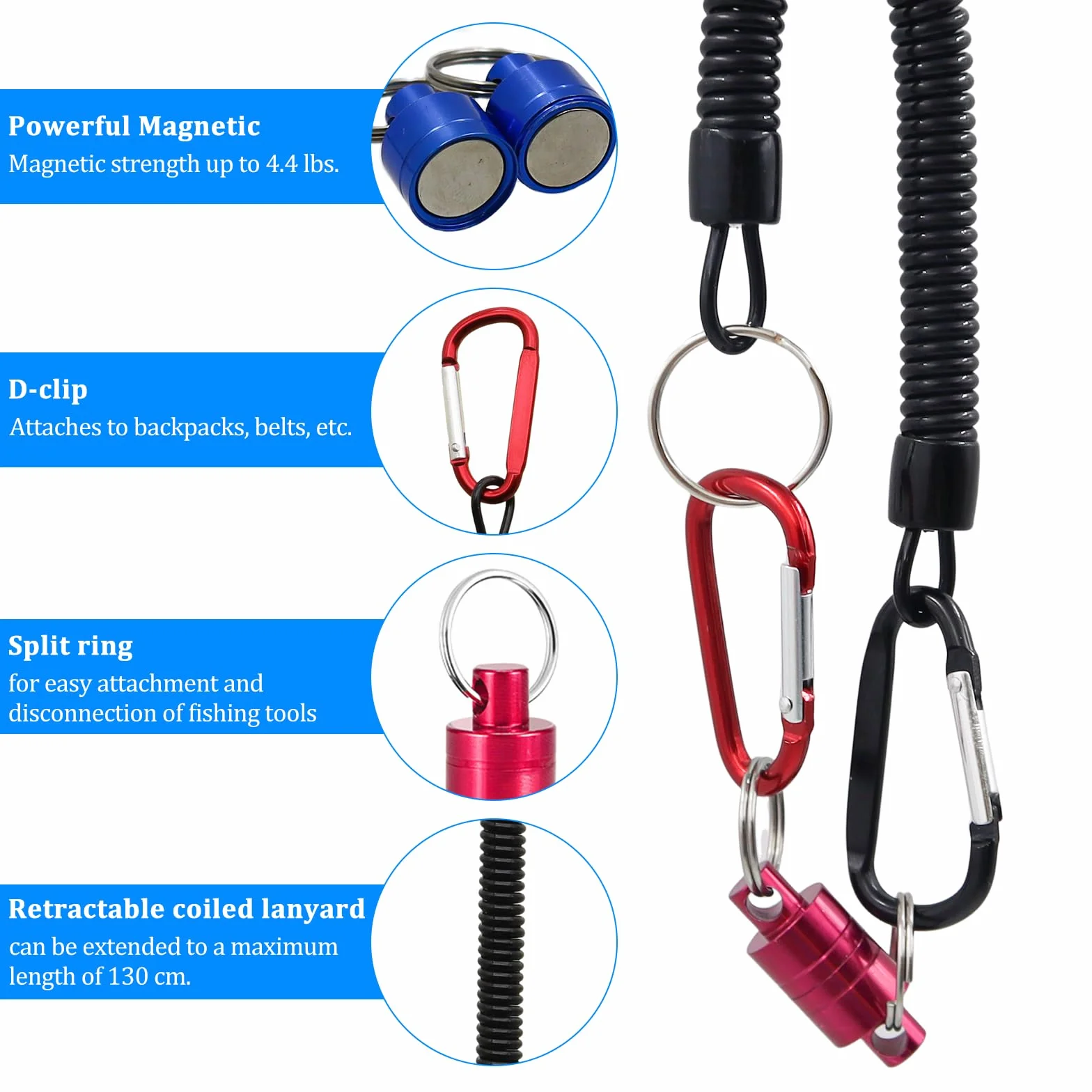 4 Pièces Libération de Filet Magnétique,Clip magnetique de pêche,Magnétique D'épuisette Boucle avec Mousqueton et Cordon enroulé pour Pêche Surf Randonnée L'alpinisme