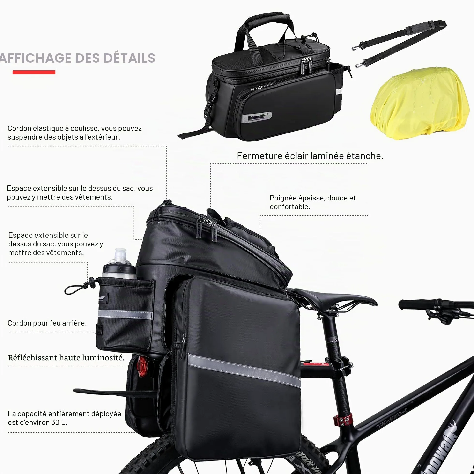 BAIGIO Sacoche Velo Porte Bagage Arriere Étanche 10-30L Grande Capacité Sacoche Vélo Arriere 3 en 1 avec Housse de Pluie pour Vélo/VTT