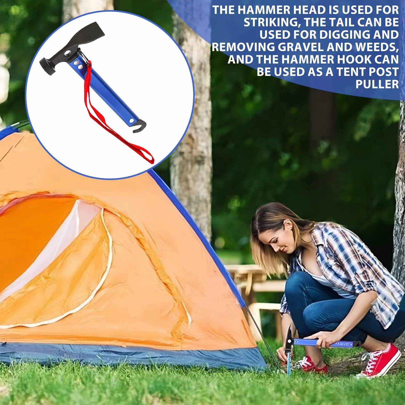 Marteau de camping 30,5 cm aluminium avec crochet et mini-pioche pour piquets de tente Bleu