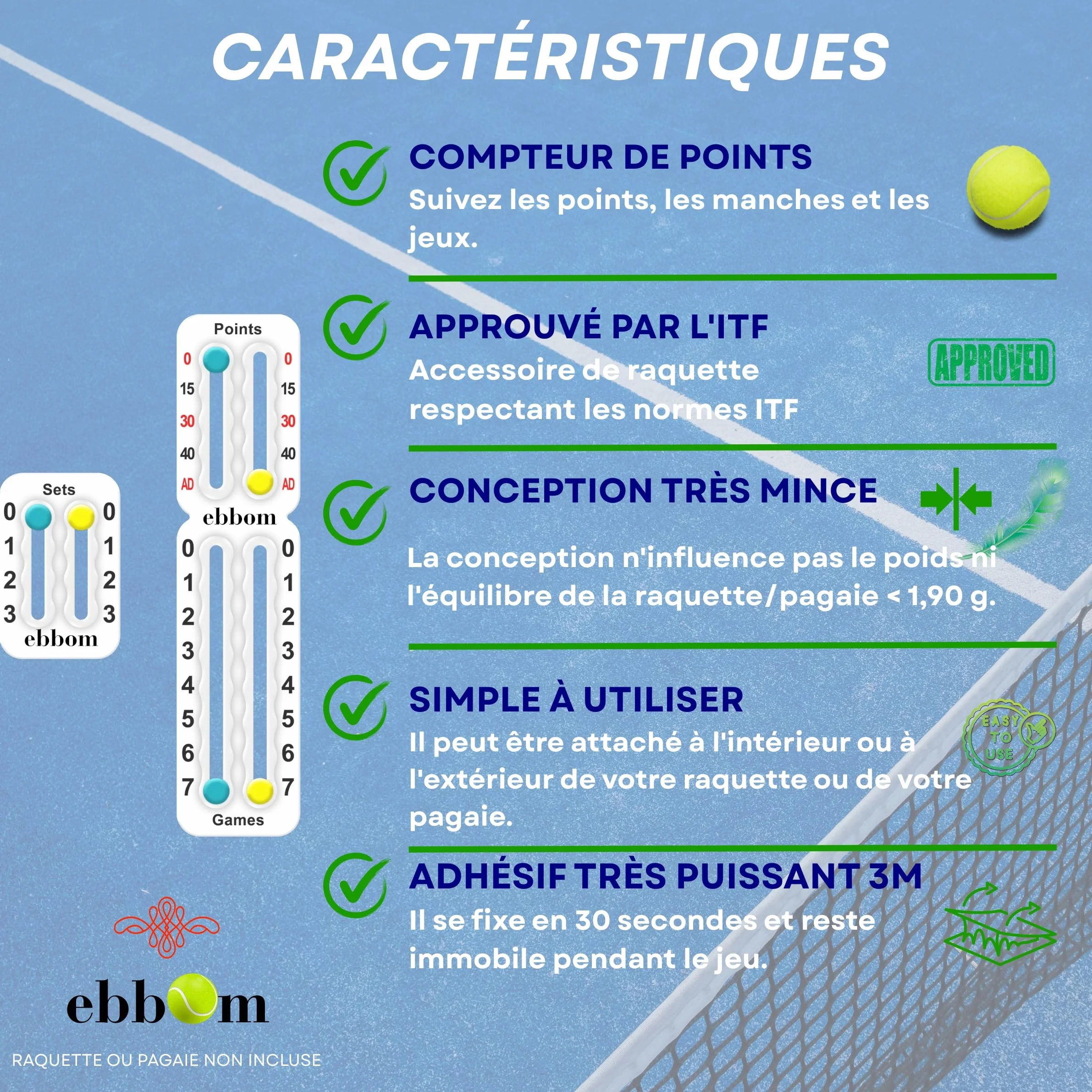 Compteur de Points Padel et Tennis Ultraléger avec Adhésif 3M - Inclus 2 Overgrips B/N et 1 Nettoyant – Adaptable à Toutes Les Raquettes et Palas – Accessoires Padel – Marqueur Padel