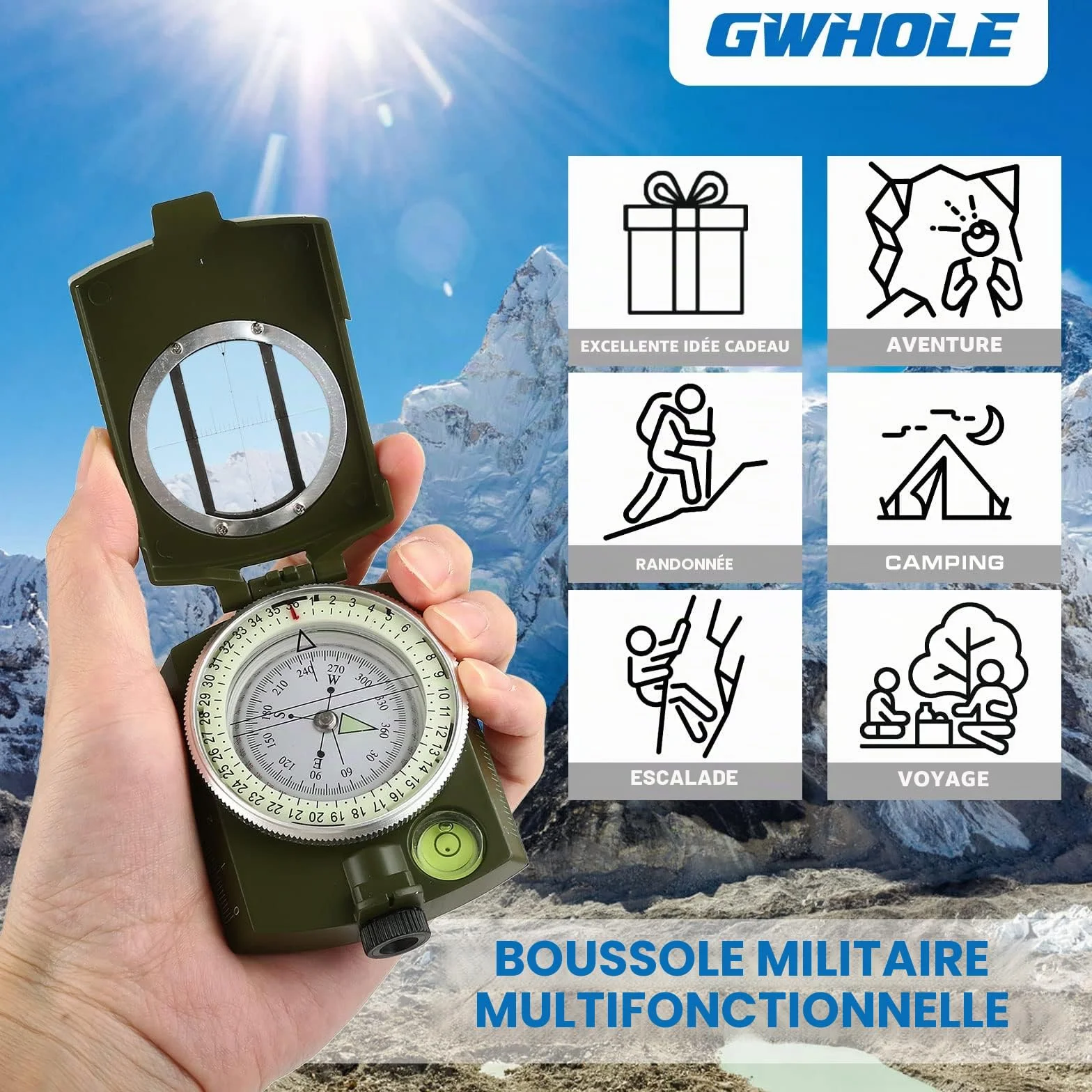 Boussole Multifonctionnelle Professionnelle Militaire en Métal Vert Armée pour Randonnée Camping