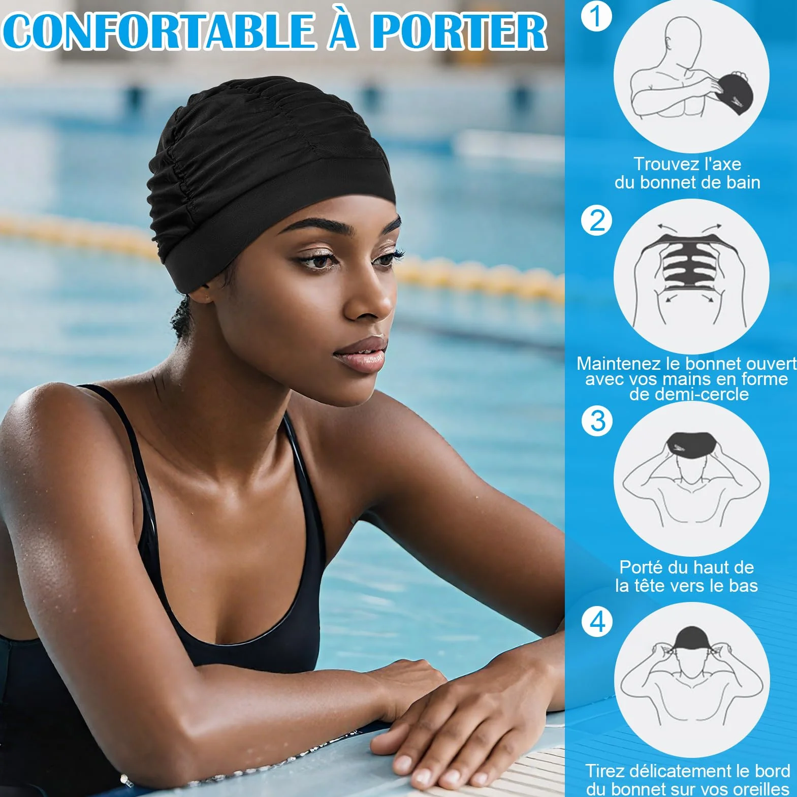 Bonnets de Bain Élastique en Tissu Polyester pour Natation, Cagoule Piscine pour Cheveux Longs Femme Homme Enfant