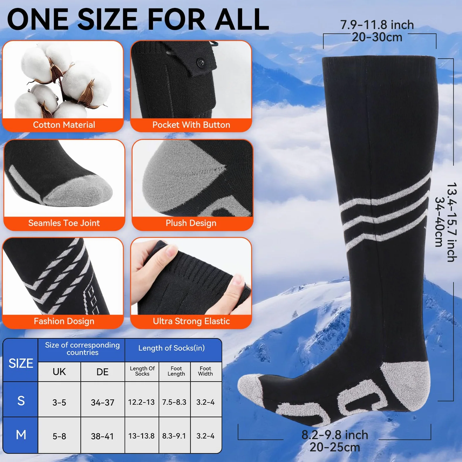 Ninonly Chaussettes Chauffantes pour Hommes Femmes 8500mAh Contrôle par APP 4 Niveaux de Chauffage Batterie Chaussette Chauffante Rechargeables pour Ski, Randonnée, Camping Activités M
