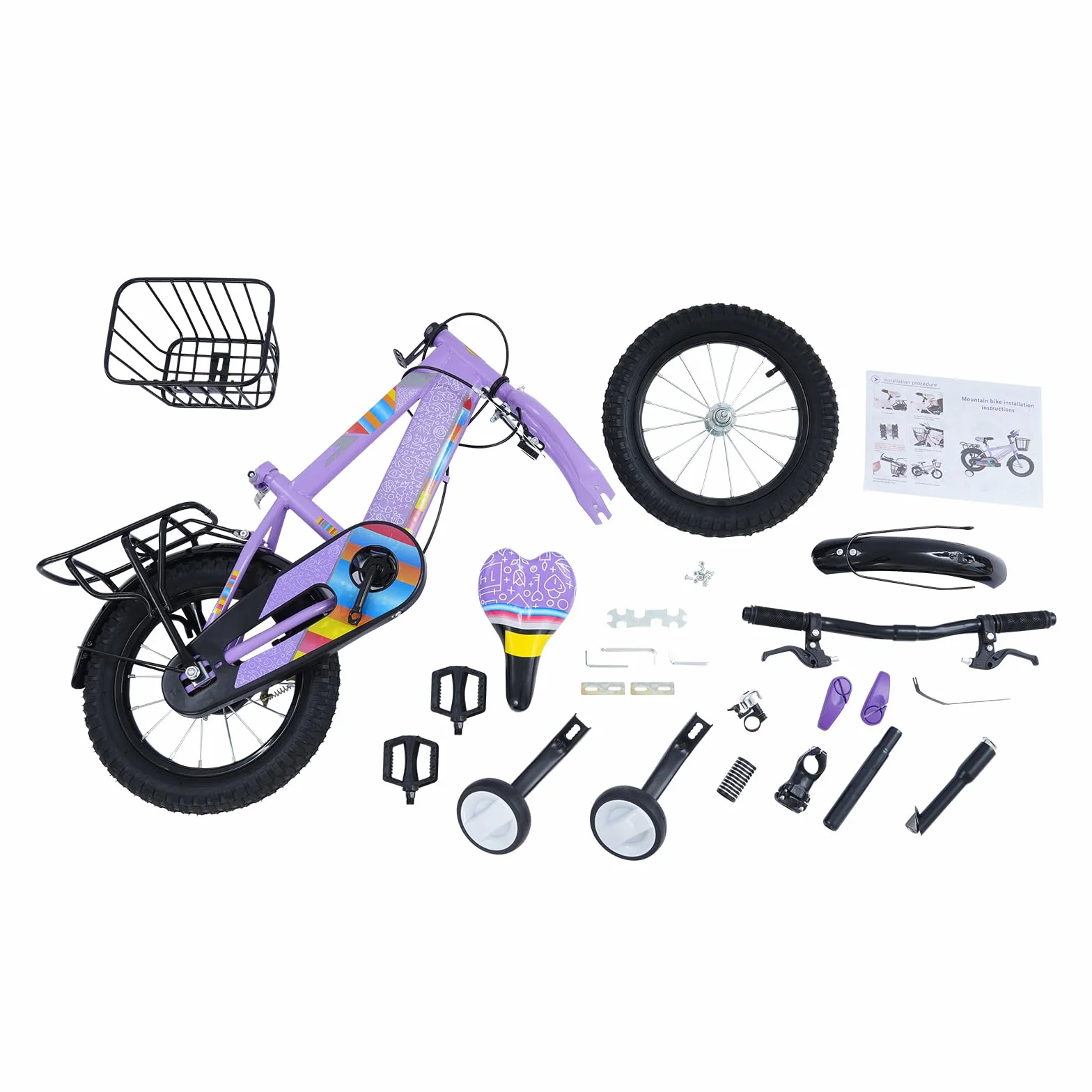 Vélo pour enfant 14 pouces avec siège arrière, panier et roues stabilisatrices, hauteur réglable 3 ans