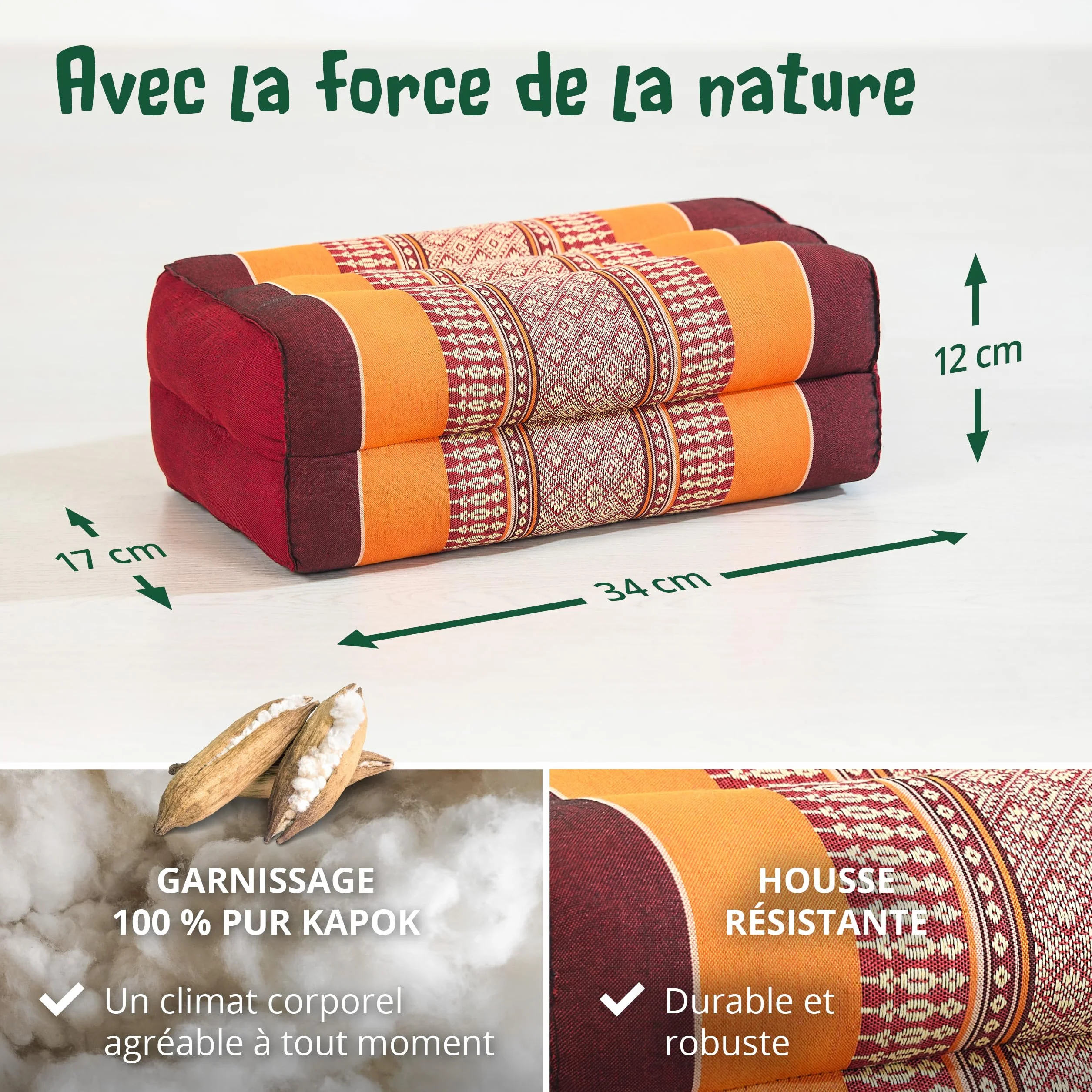 Coussin de méditation kapok 17x34x12cm - Coussin yoga carré bloc - Accessoires yoga pilates